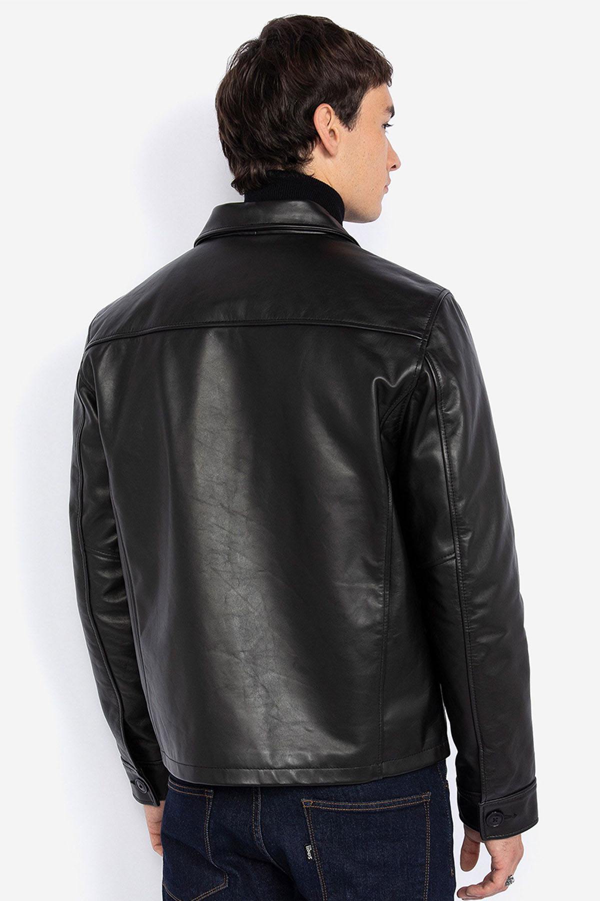 Men's black leather jacket with shirt collar - Image n°2