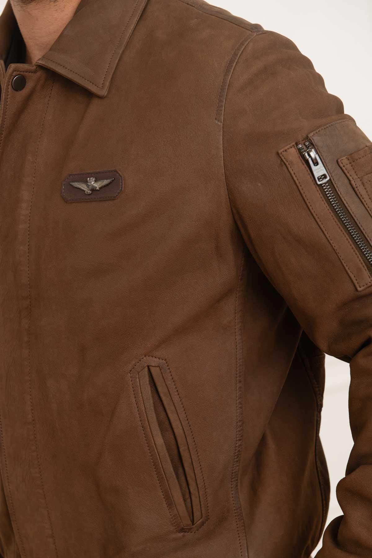 Men's chocolate shirt collar leather jacket - Image n°6