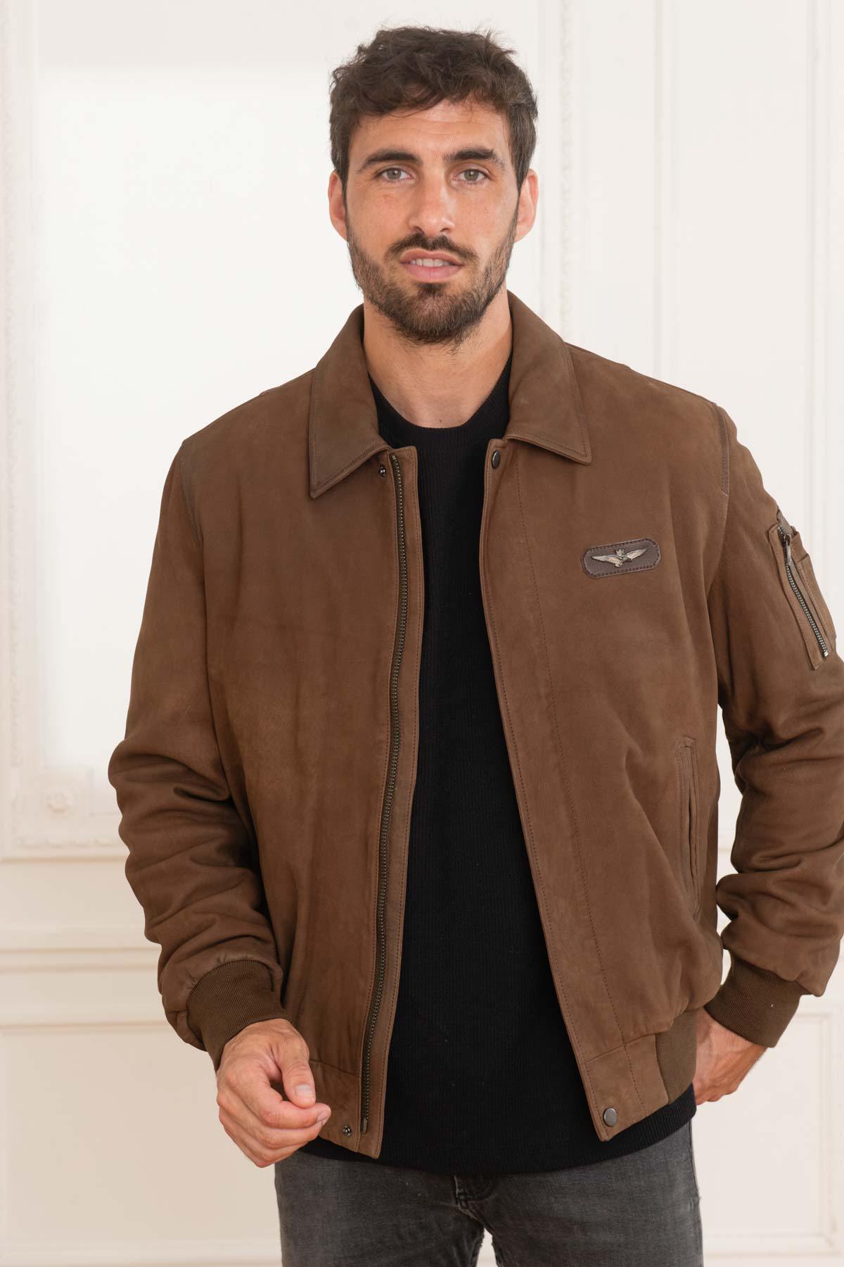 Men's chocolate shirt collar leather jacket - Image n°1