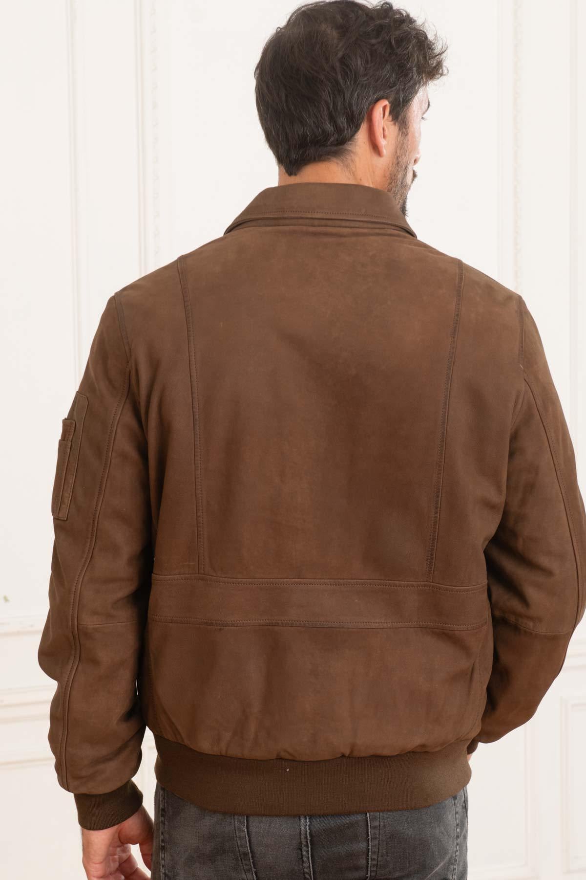 Men's chocolate shirt collar leather jacket - Image n°5