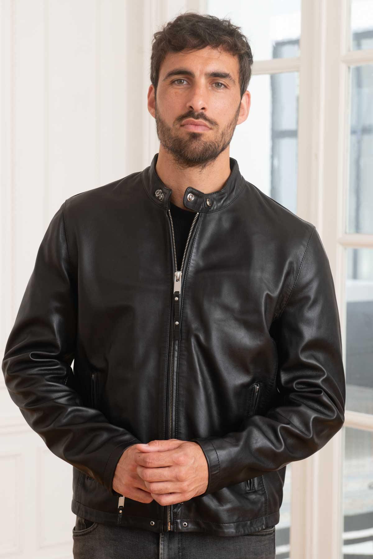 Men's black leather jacket with biker collar - Image n°5