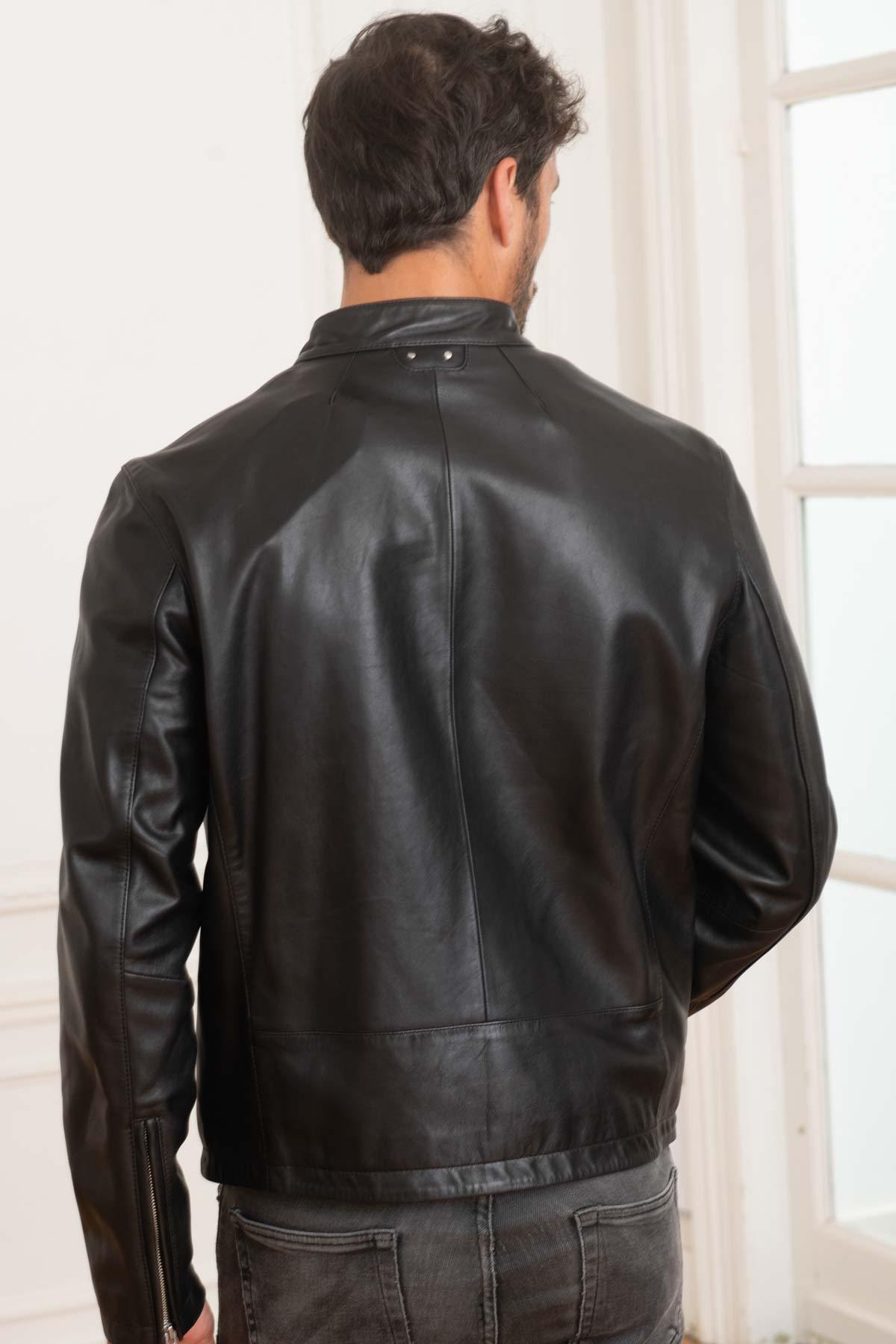 Men's black leather jacket with biker collar - Image n°4