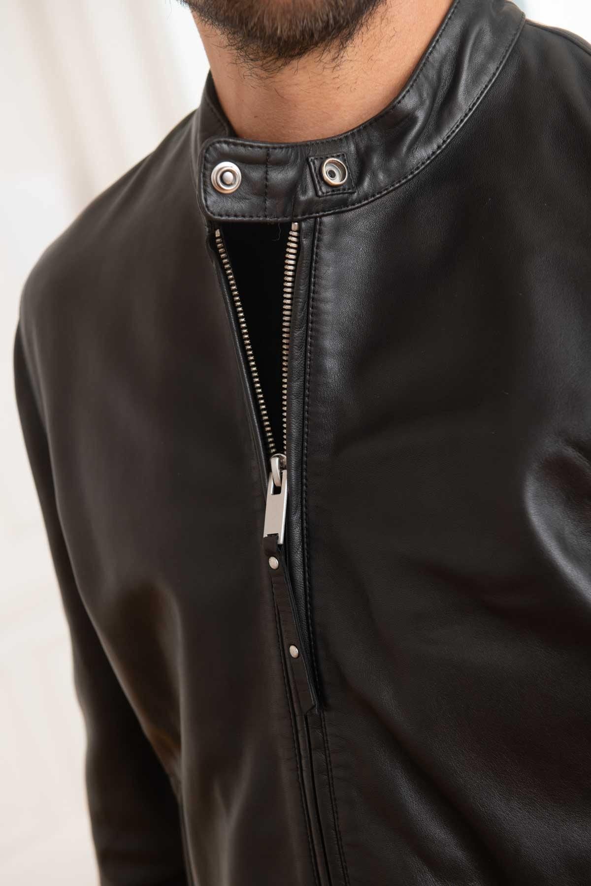 Men's black leather jacket with biker collar - Image n°6