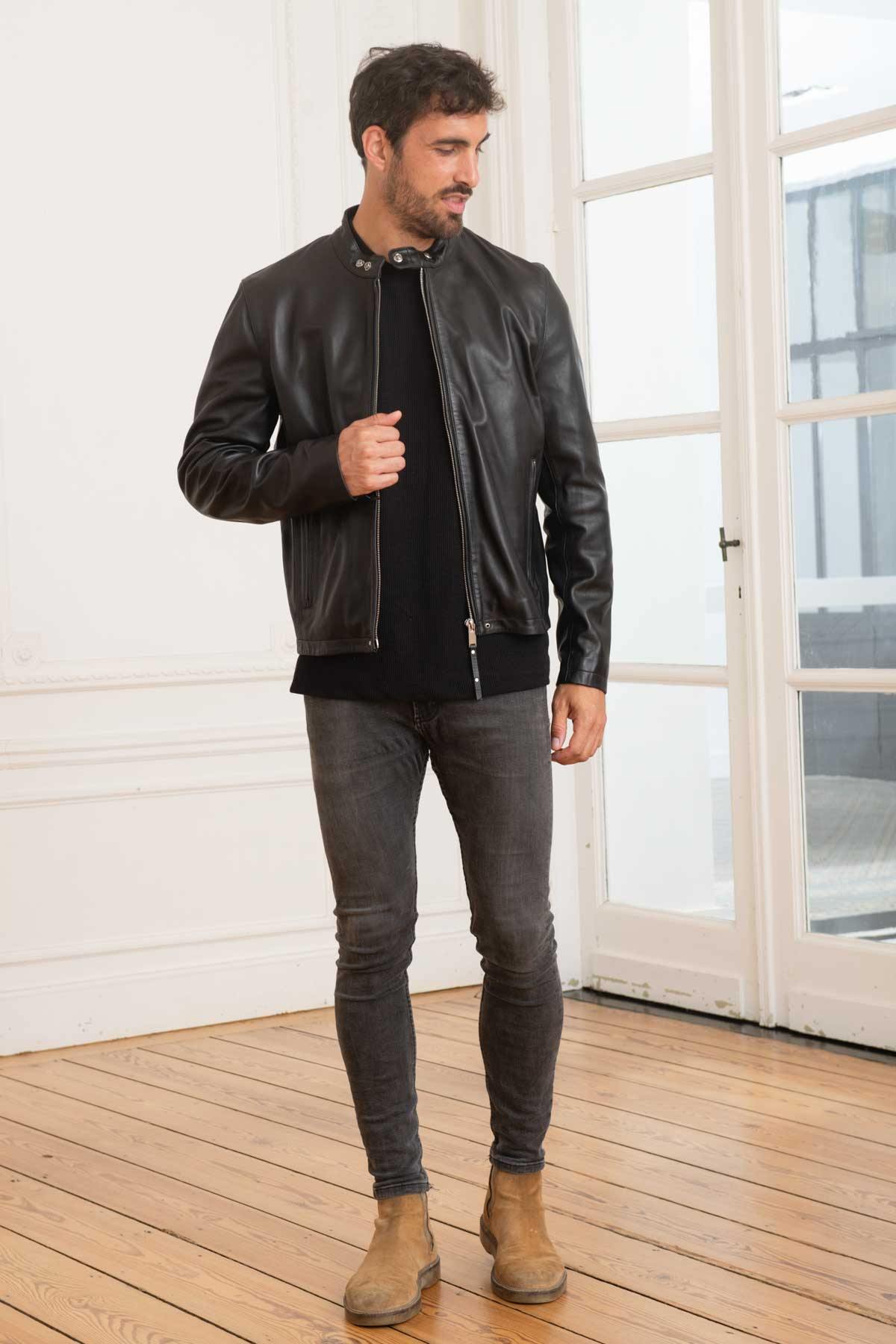 Men's black leather jacket with biker collar - Image n°2