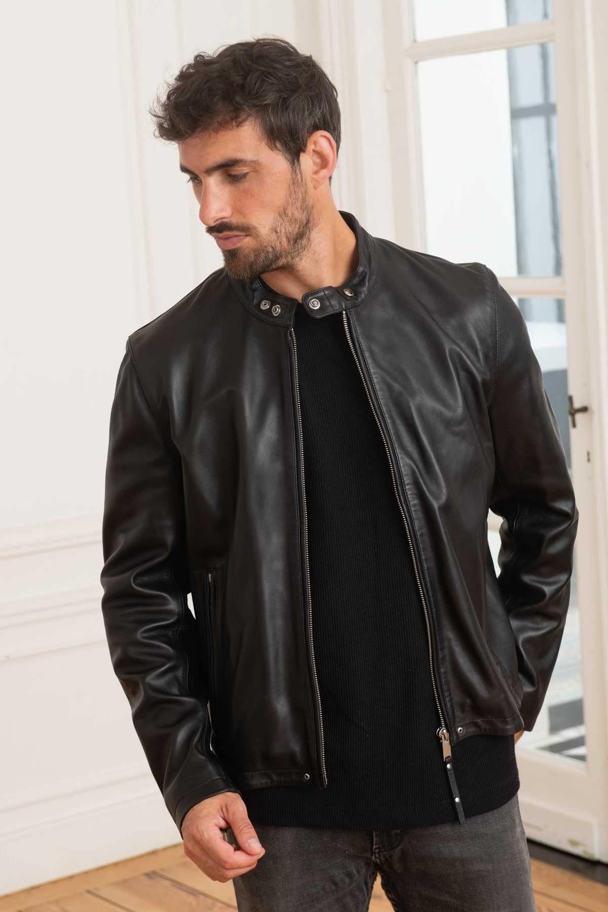 Men's black leather jacket with biker collar - Image n°1