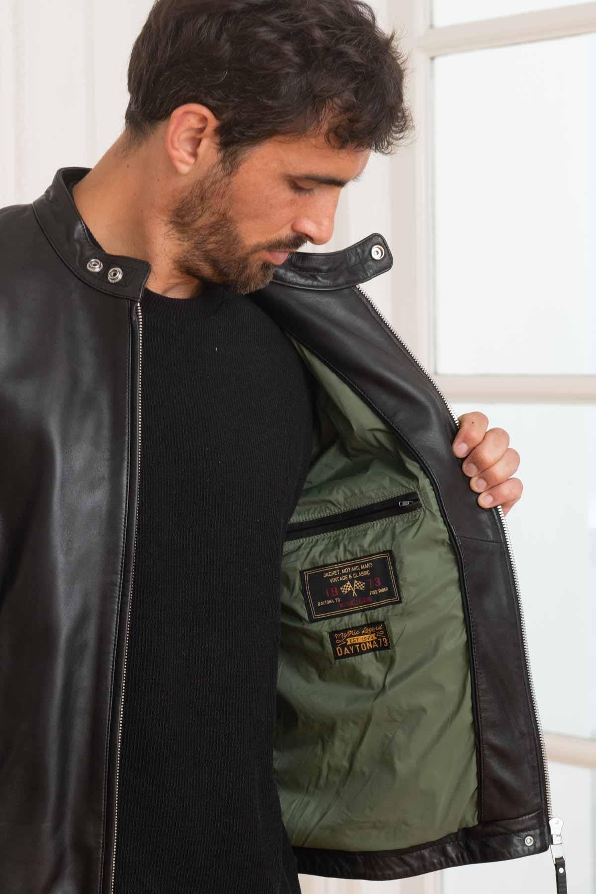 Men's black leather jacket with biker collar - Image n°3