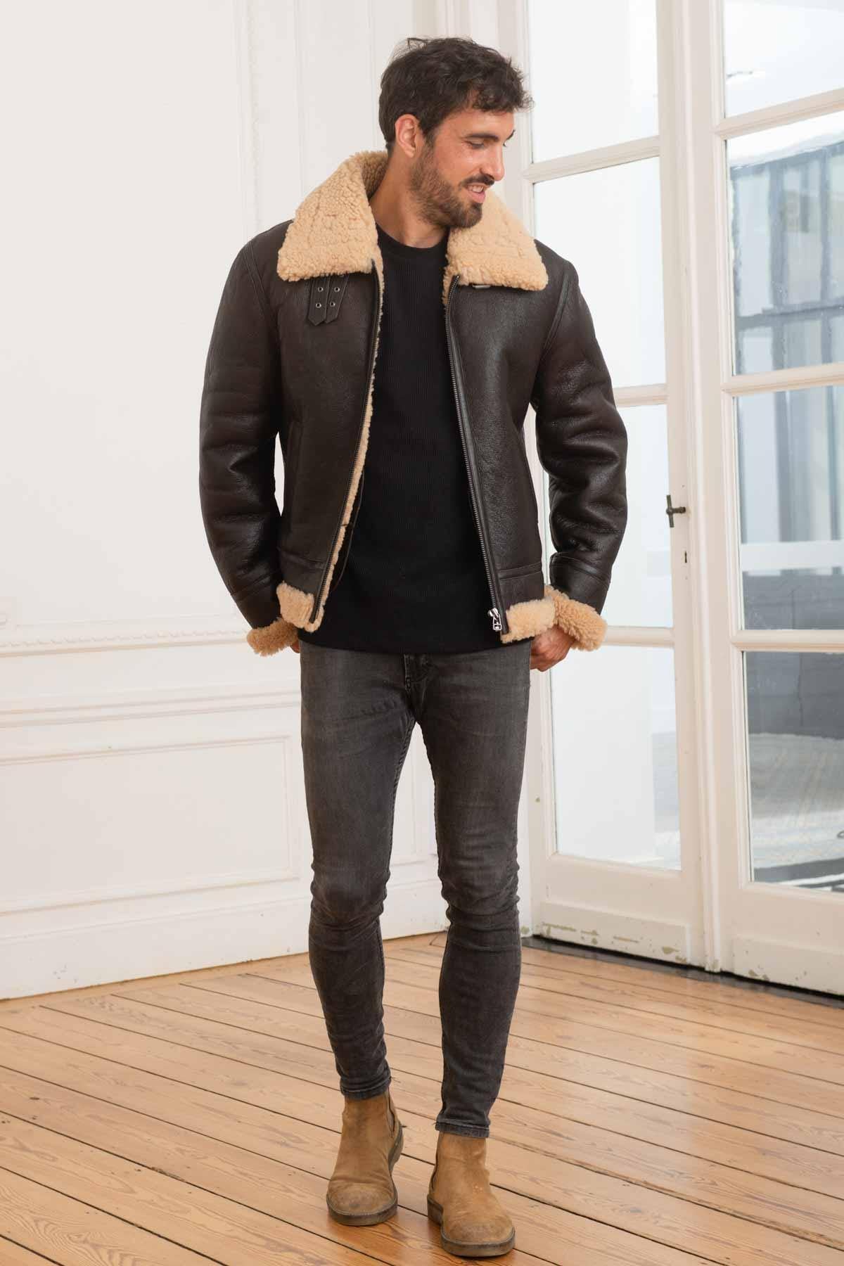 Men's brown leather bomber jacket - Image n°2