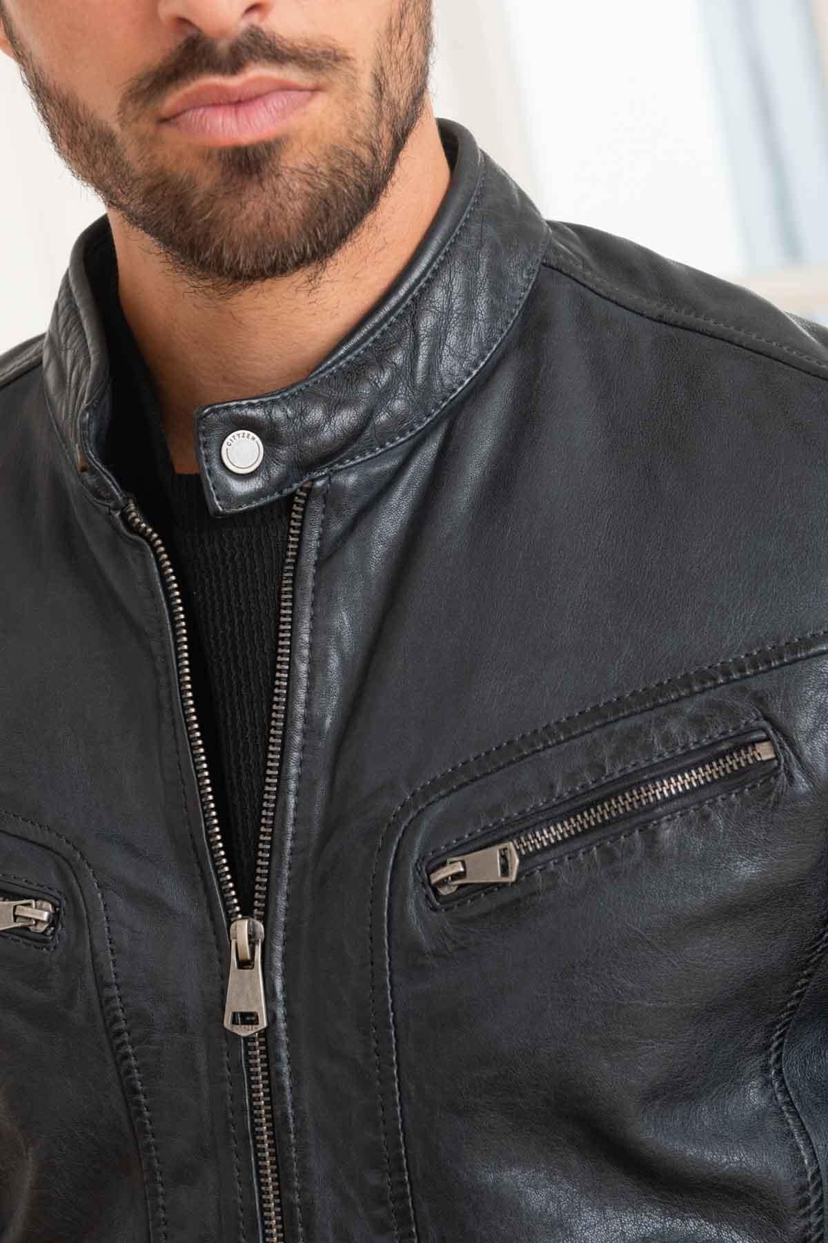 Navy blue vegetable leather jacket with biker collar - Image n°6