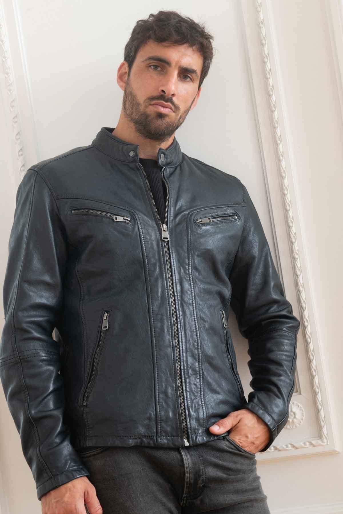 Navy blue vegetable leather jacket with biker collar - Image n°3