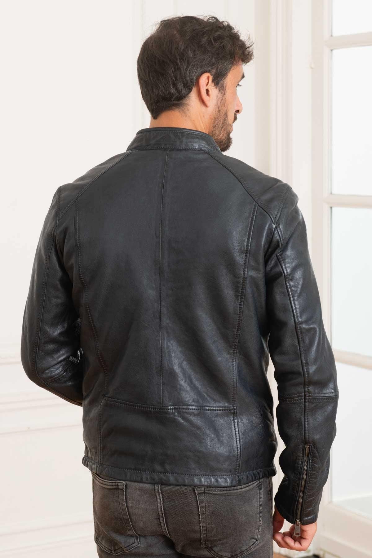 Navy blue vegetable leather jacket with biker collar - Image n°4