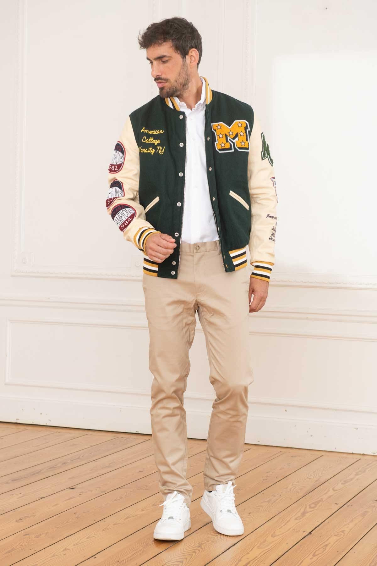 Green and beige American varsity jacket - Image n°2