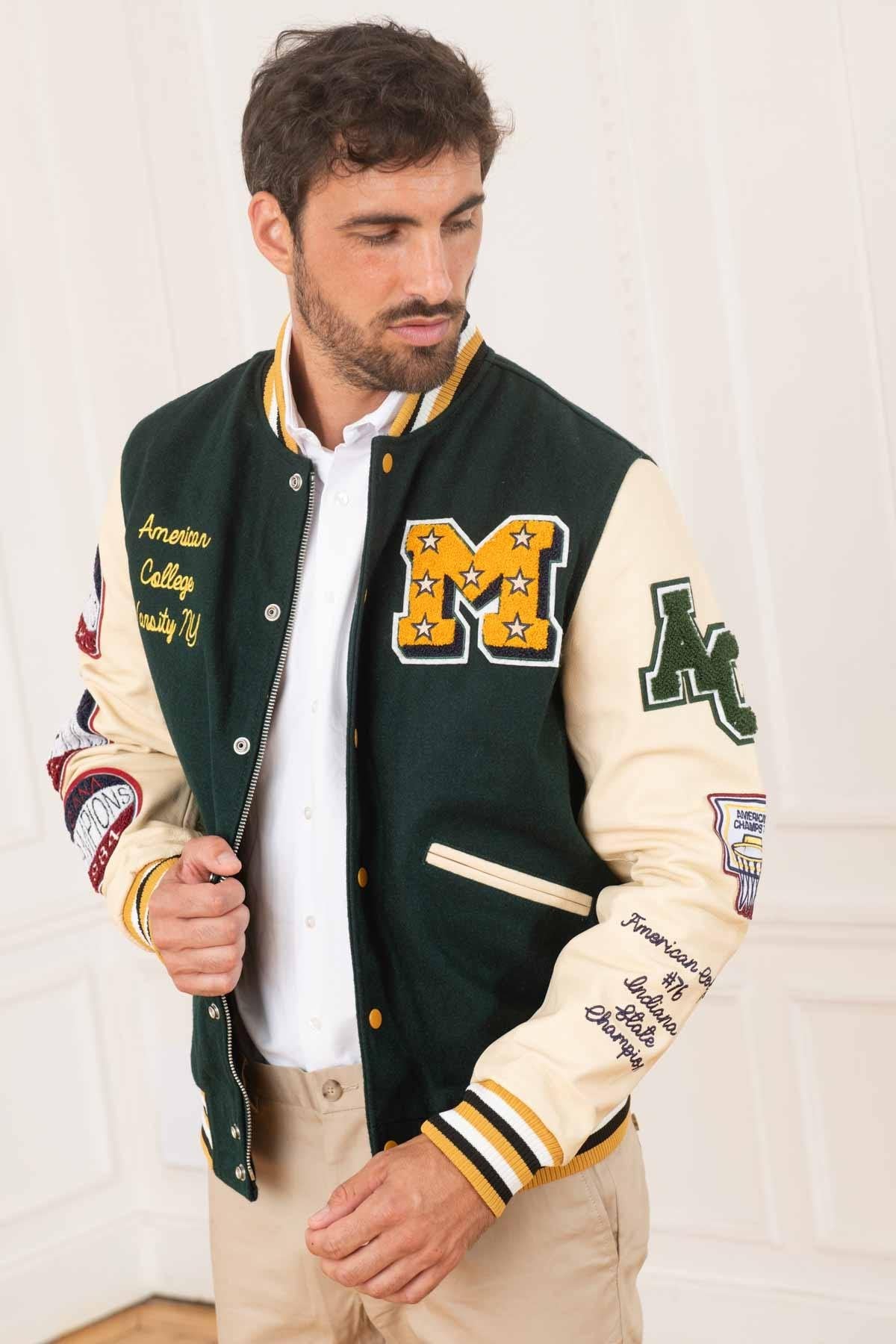 Green and beige American varsity jacket - Image n°1