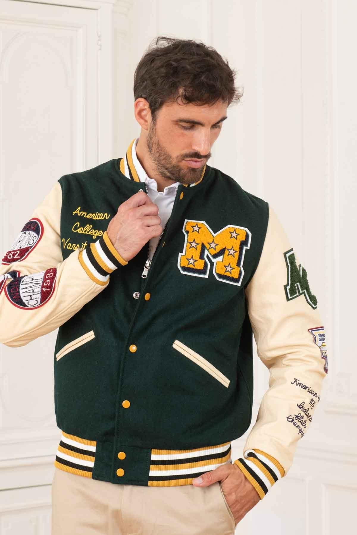 Green and beige American varsity jacket - Image n°3