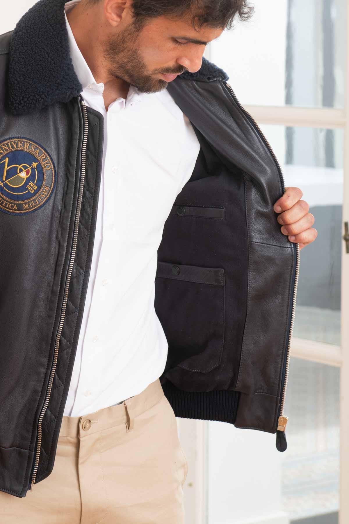 Men's navy blue leather bomber jacket 100 years edition - Image n°3