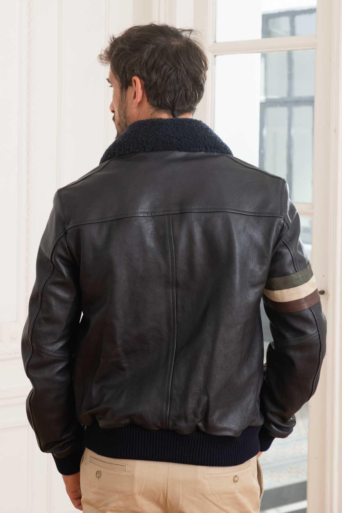 Men's navy blue leather bomber jacket 100 years edition - Image n°5