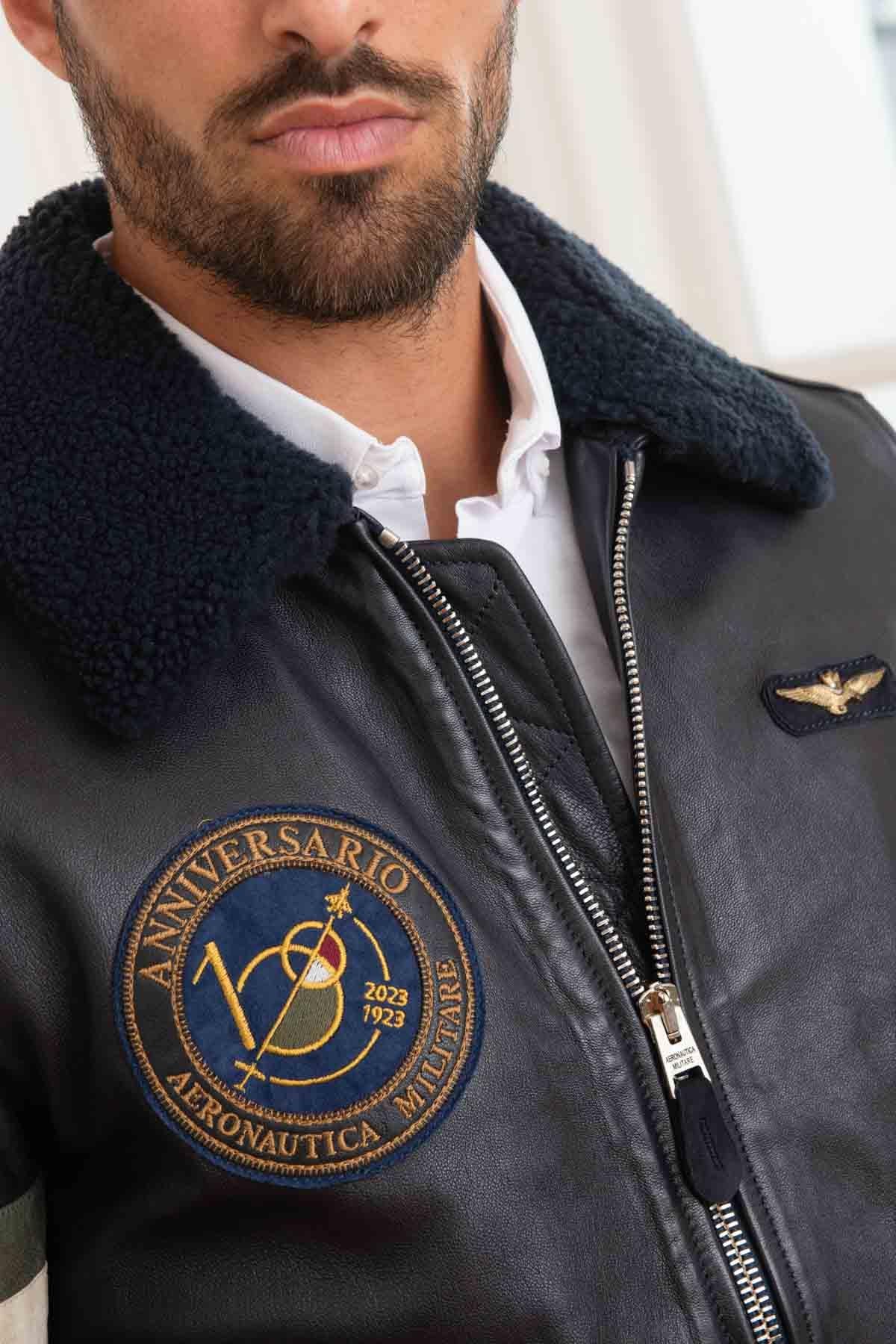 Men's navy blue leather bomber jacket 100 years edition - Image n°6