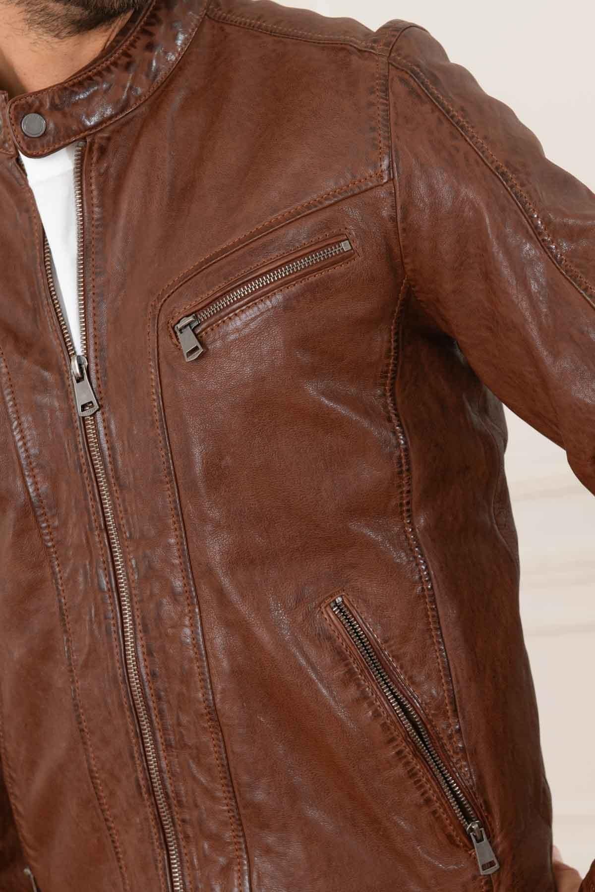 Brown vegetable leather jacket with biker collar - Image n°6