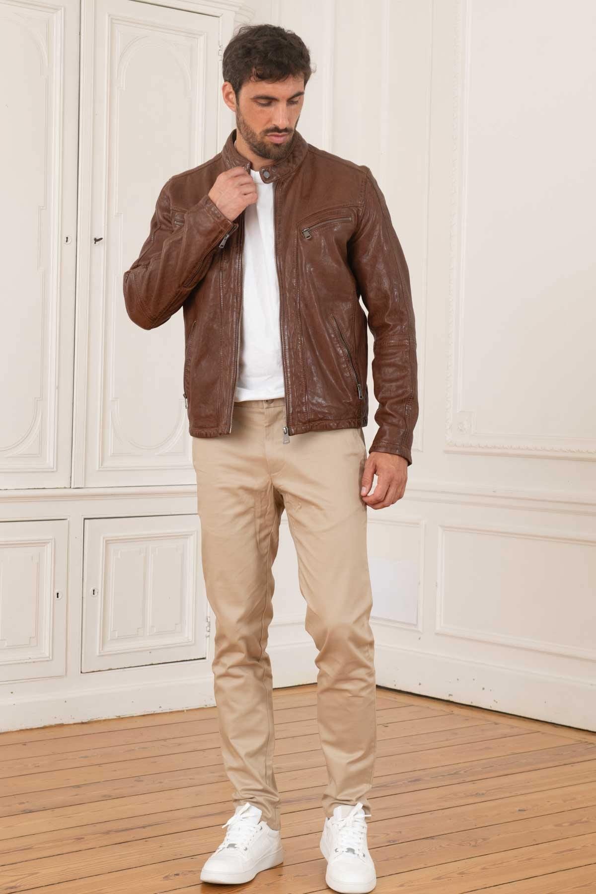 Brown vegetable leather jacket with biker collar - Image n°2