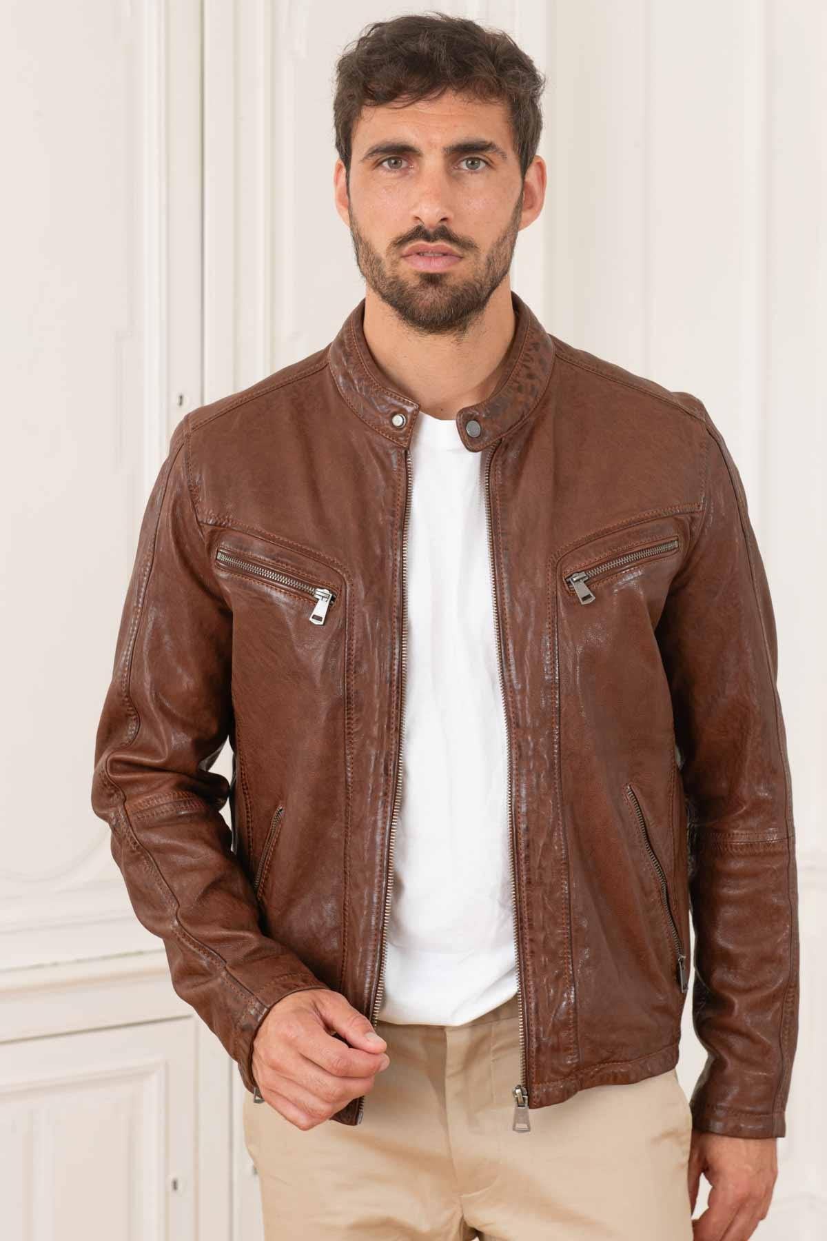 Brown vegetable leather jacket with biker collar - Image n°1