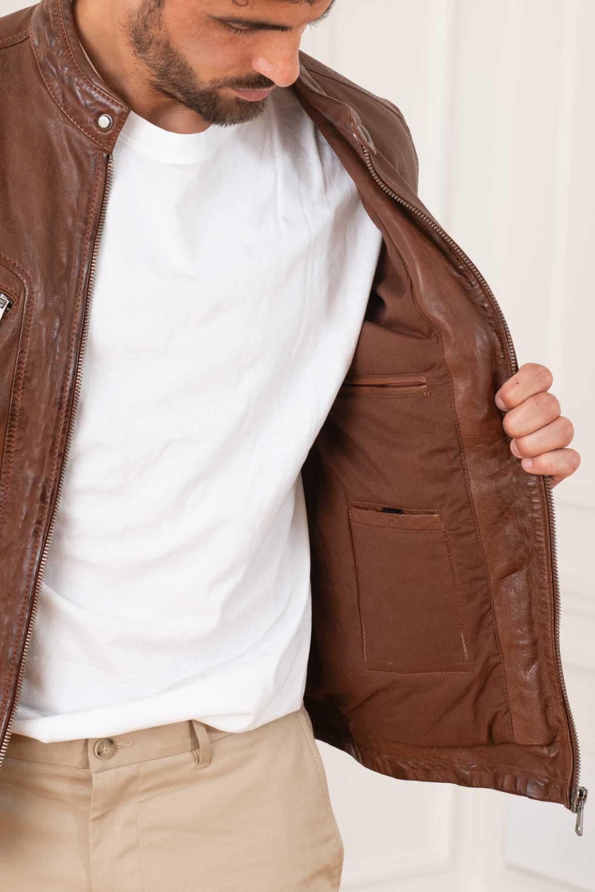 Brown vegetable leather jacket with biker collar - Image n°4