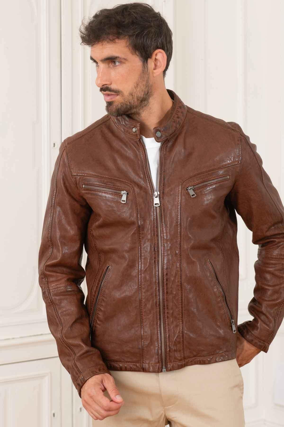 Brown vegetable leather jacket with biker collar - Image n°3