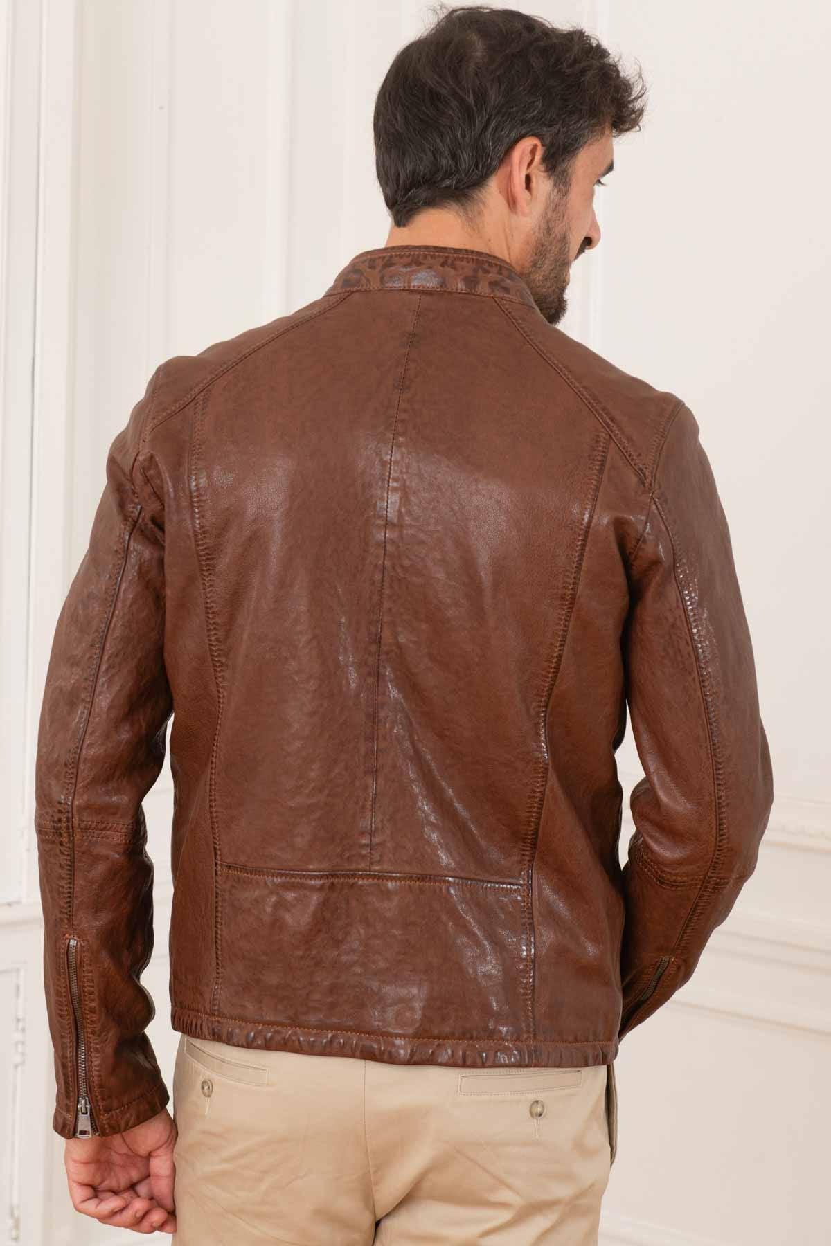 Brown vegetable leather jacket with biker collar - Image n°5