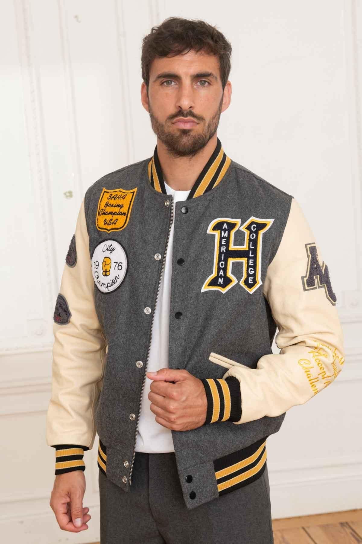 Varsity teddy in heather gray leather - Image n°1