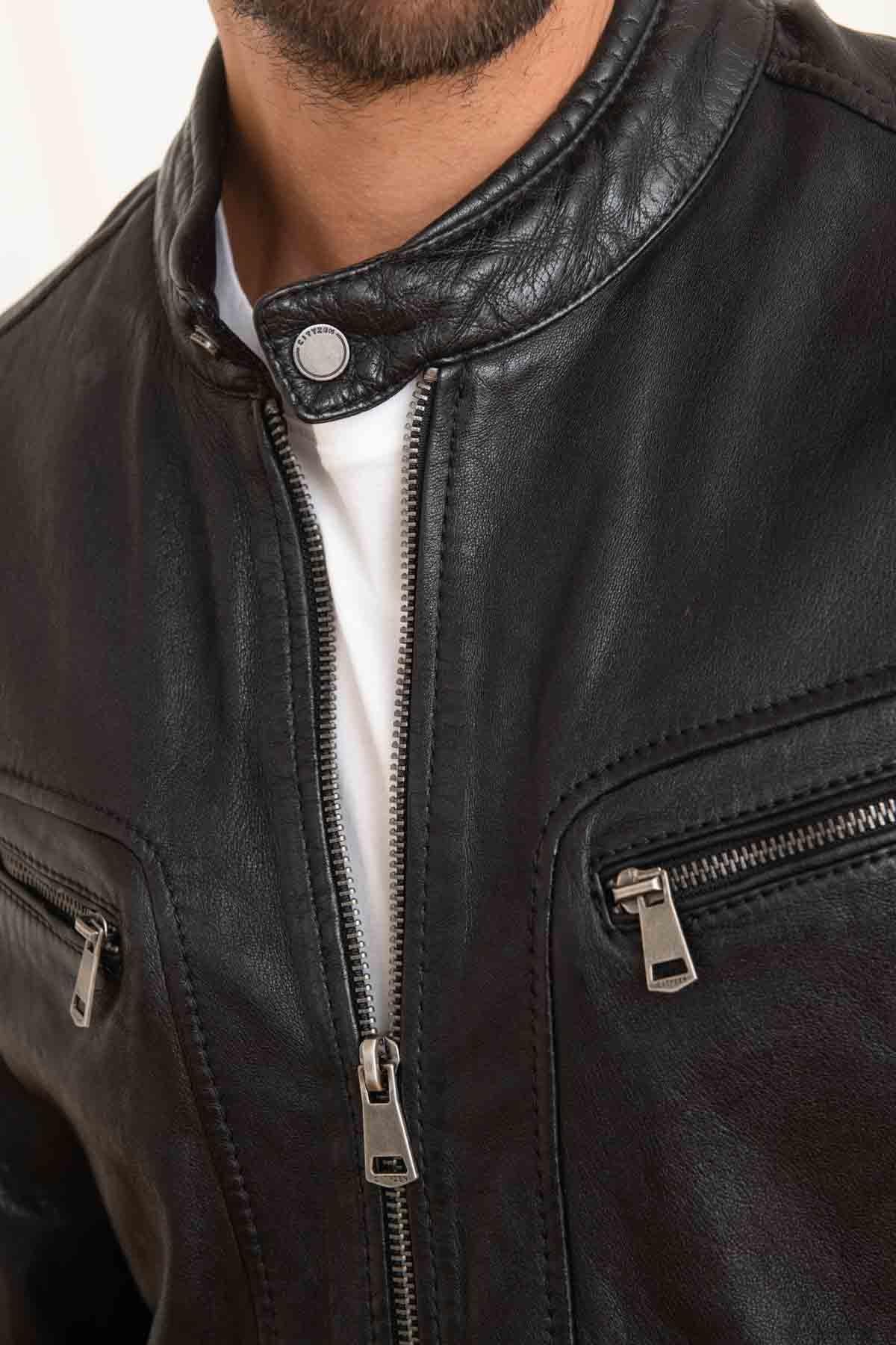 Black vegetable leather jacket with biker collar - Image n°5