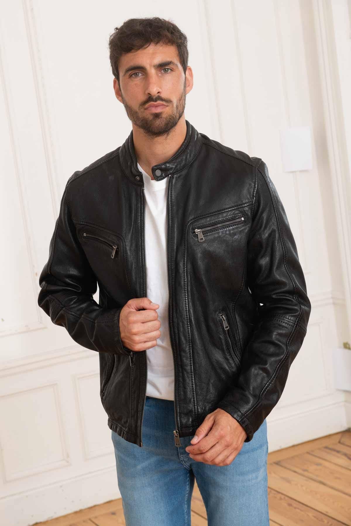 Black vegetable leather jacket with biker collar - Image n°1