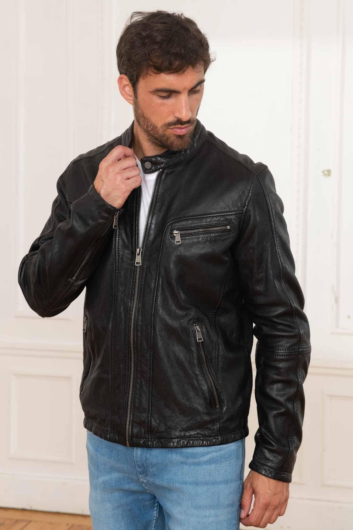 Black vegetable leather jacket with biker collar - Image n°2