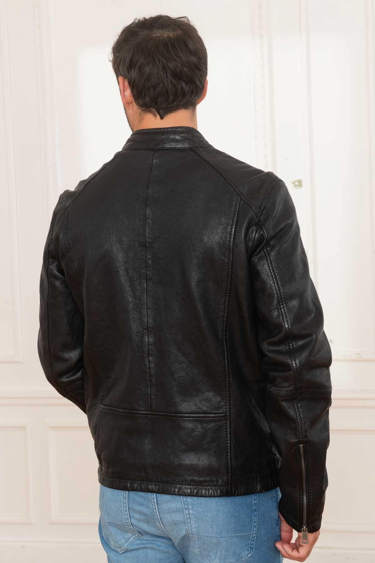 Black vegetable leather jacket with biker collar - Image n°3