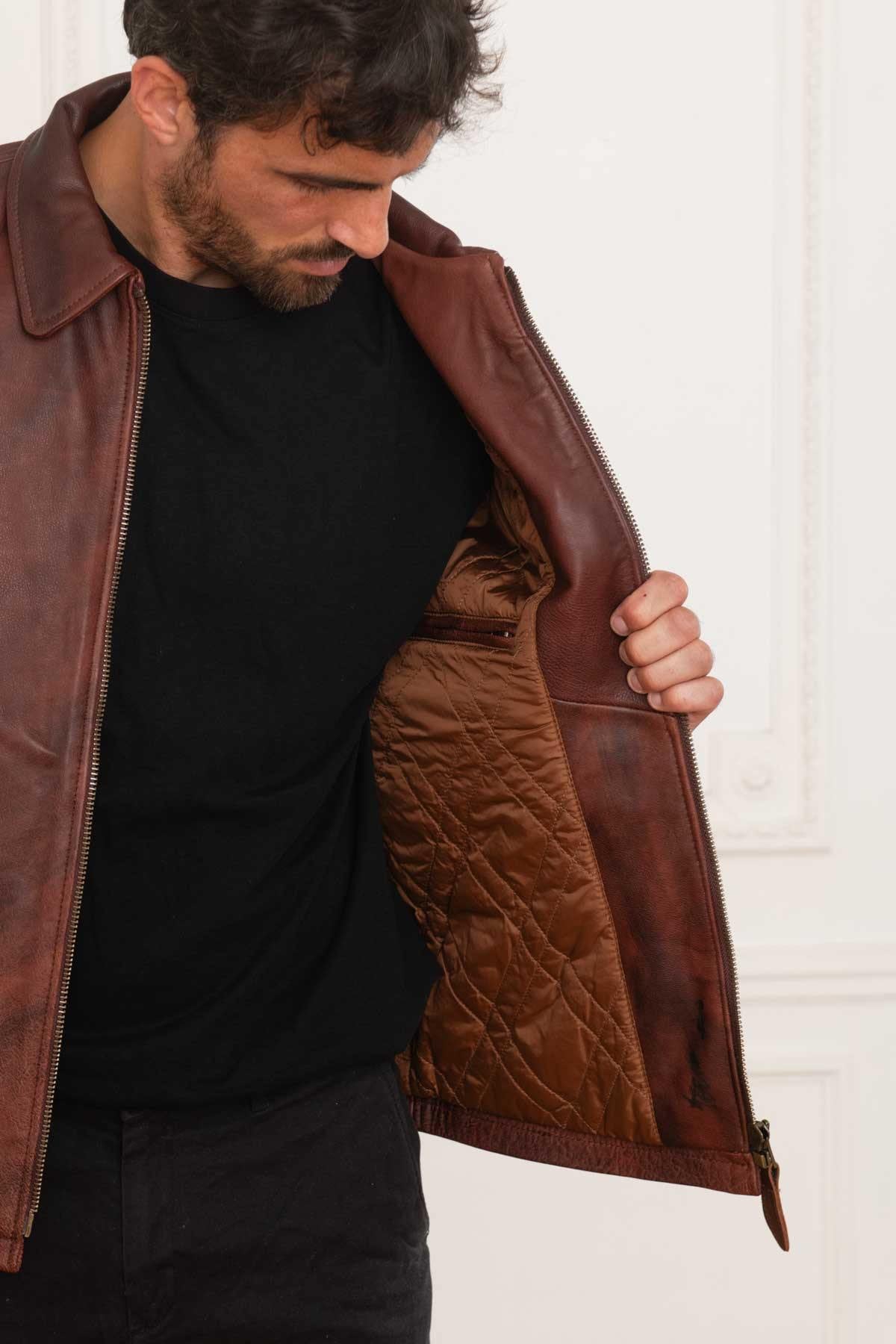 Brown burgundy leather jacket with shirt collar for men - Image n°7