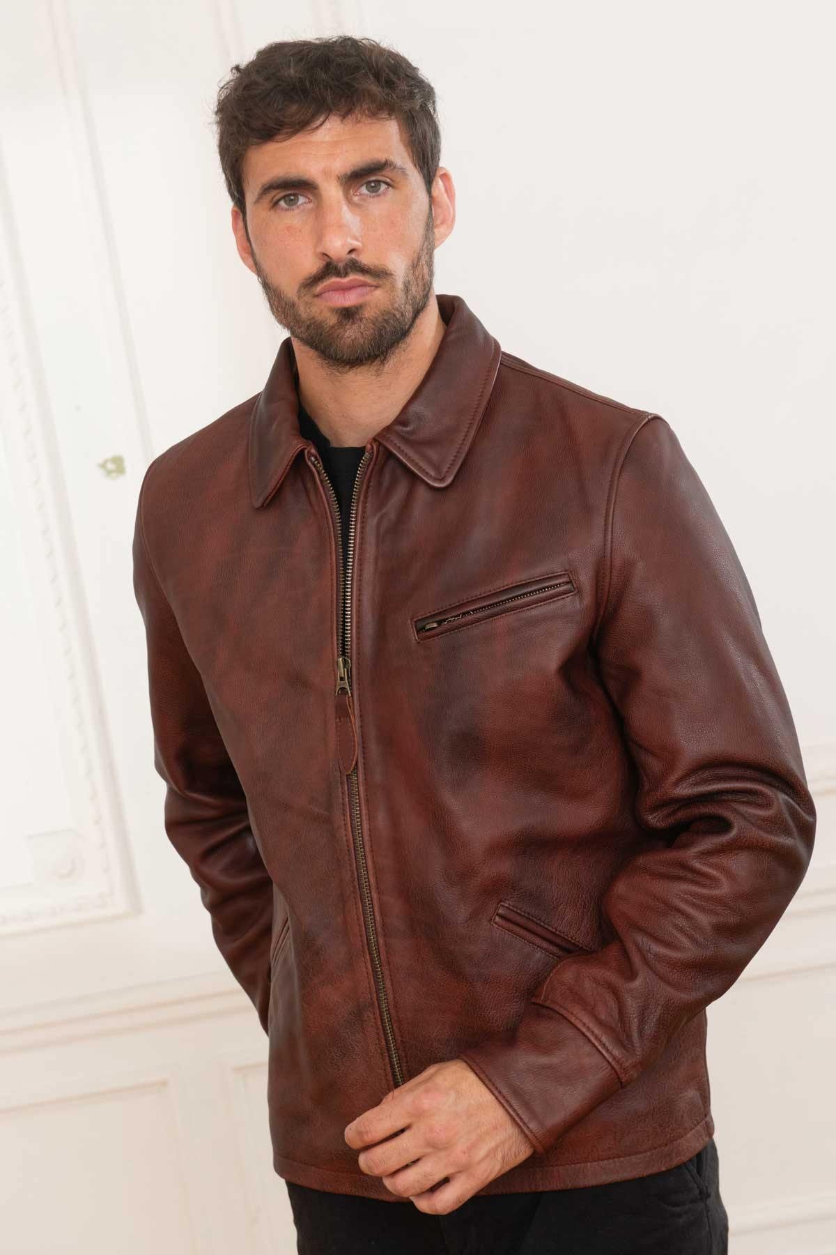 Brown burgundy leather jacket with shirt collar for men - Image n°4