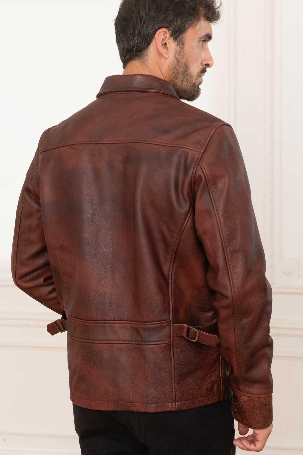 Brown burgundy leather jacket with shirt collar for men - Image n°6