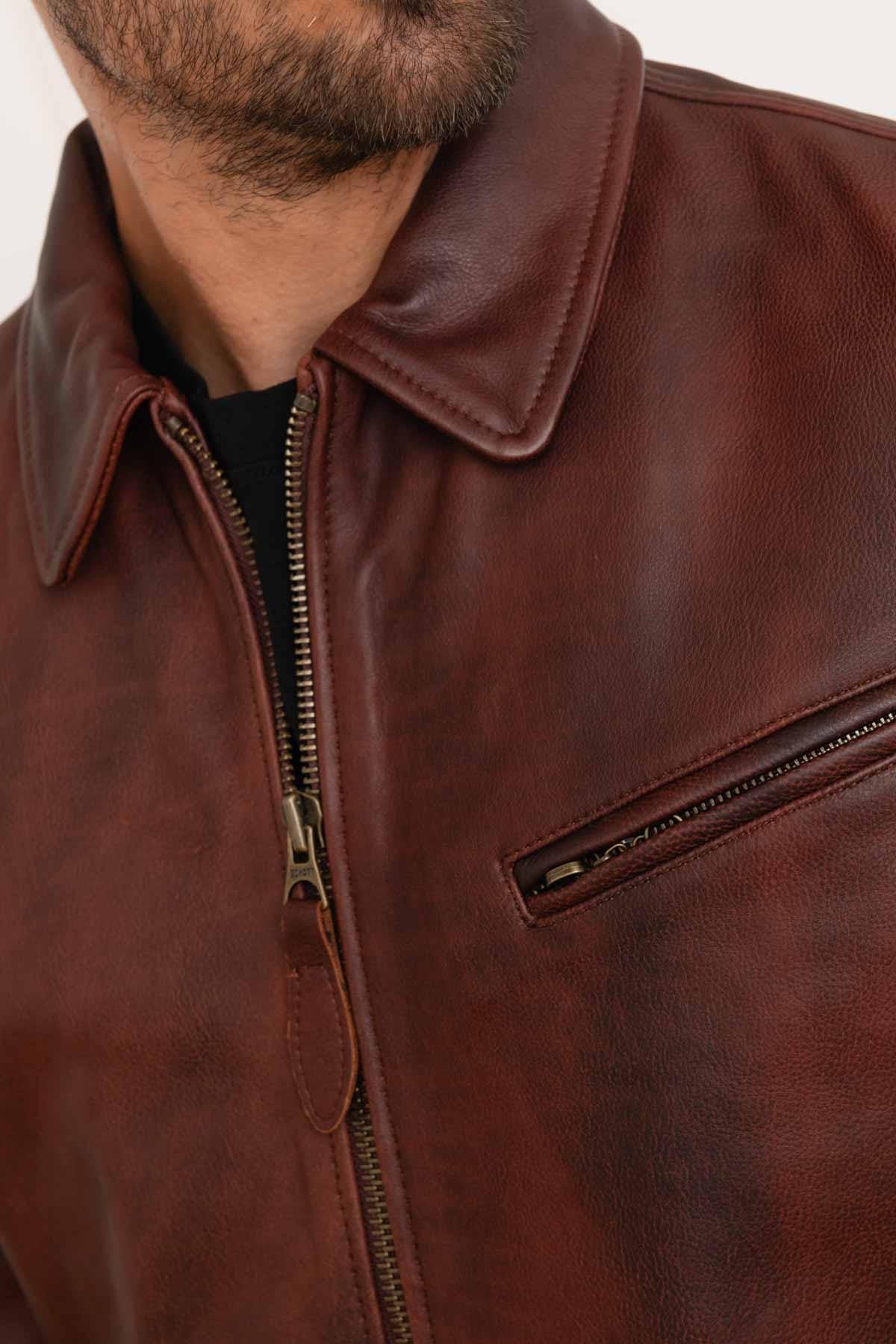 Brown burgundy leather jacket with shirt collar for men - Image n°8