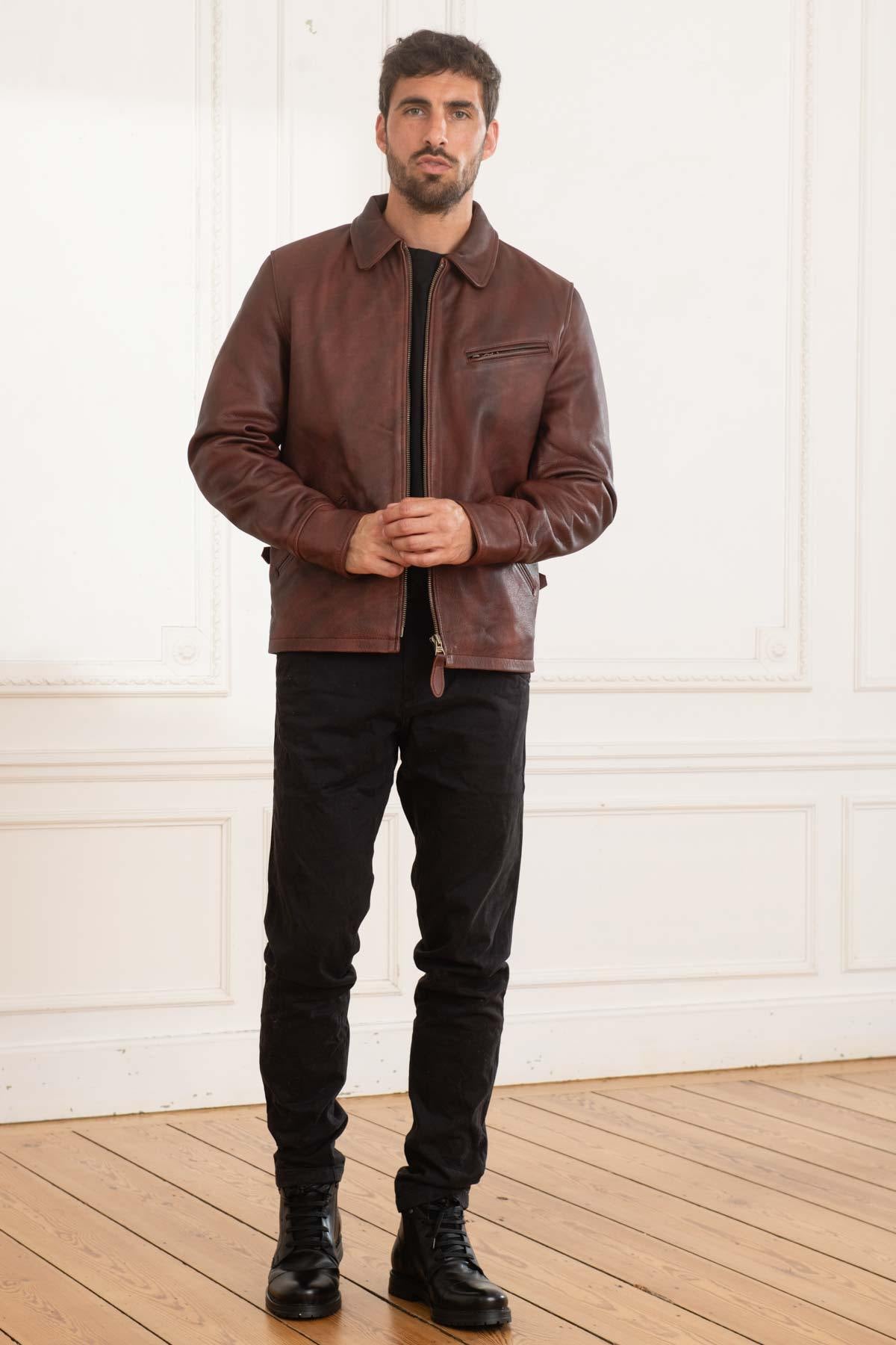 Brown burgundy leather jacket with shirt collar for men - Image n°2