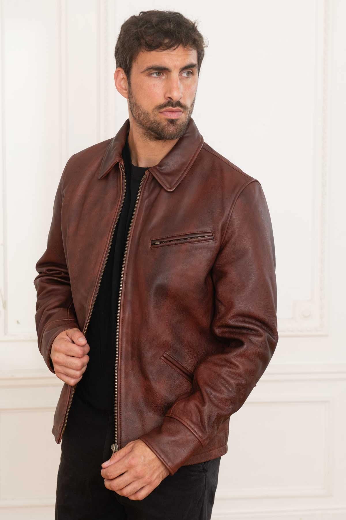 Brown burgundy leather jacket with shirt collar for men - Image n°1