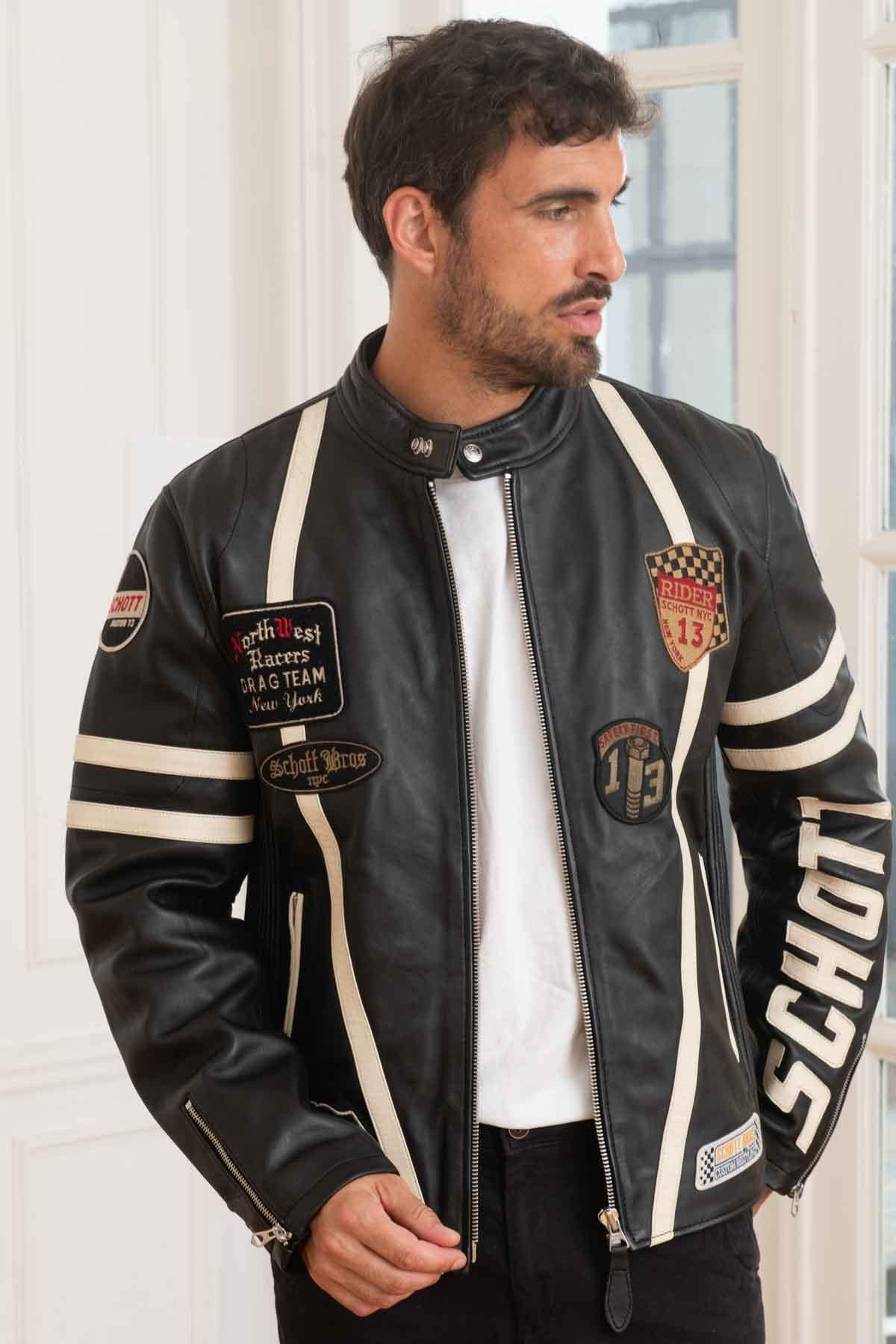 Men's black leather biker jacket with patch - Image n°1