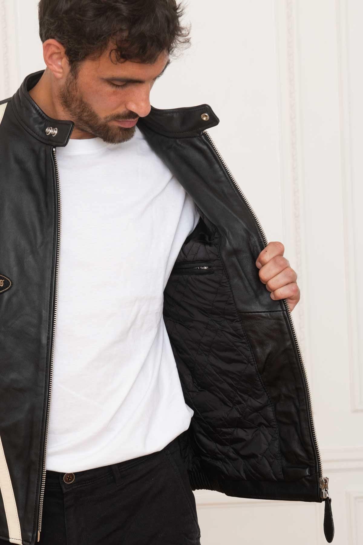 Men's black leather biker jacket with patch - Image n°5