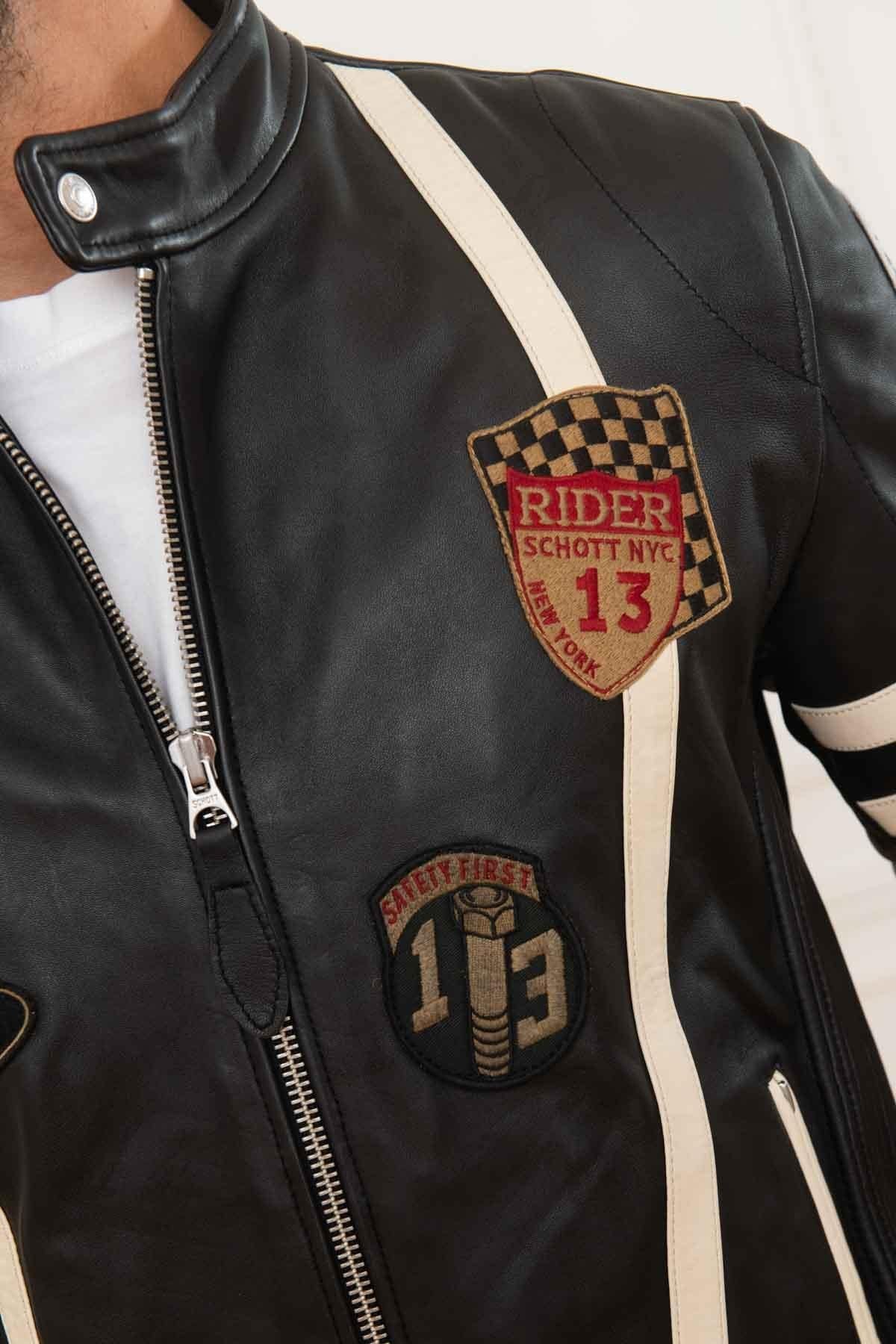 Men's black leather biker jacket with patch - Image n°7