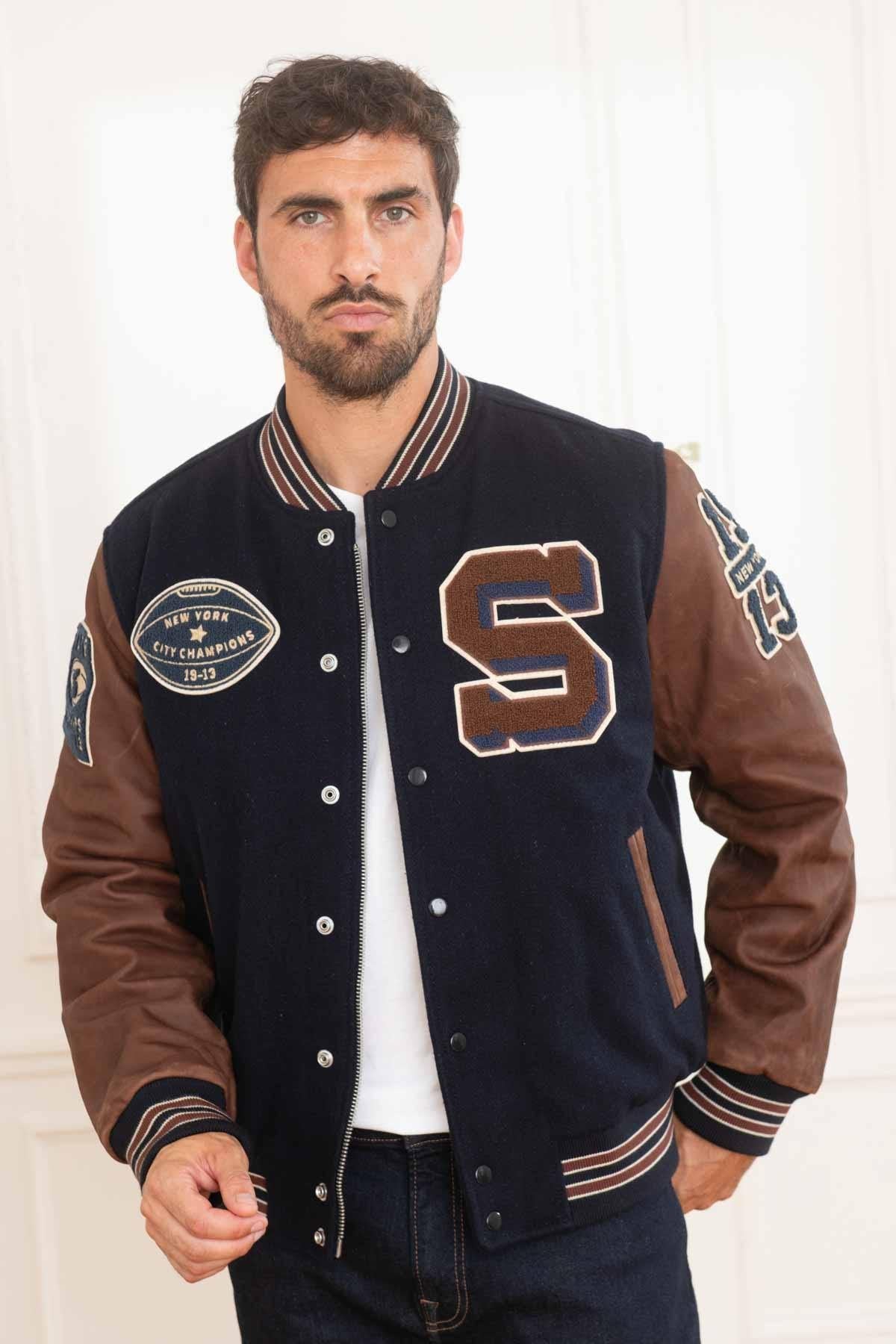 US varsity teddy in leather and wool - Image n°1