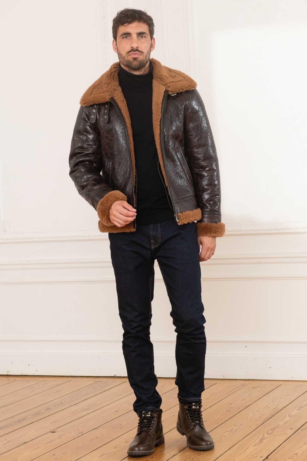 Men's dark brown leather bomber jacket - Image n°2