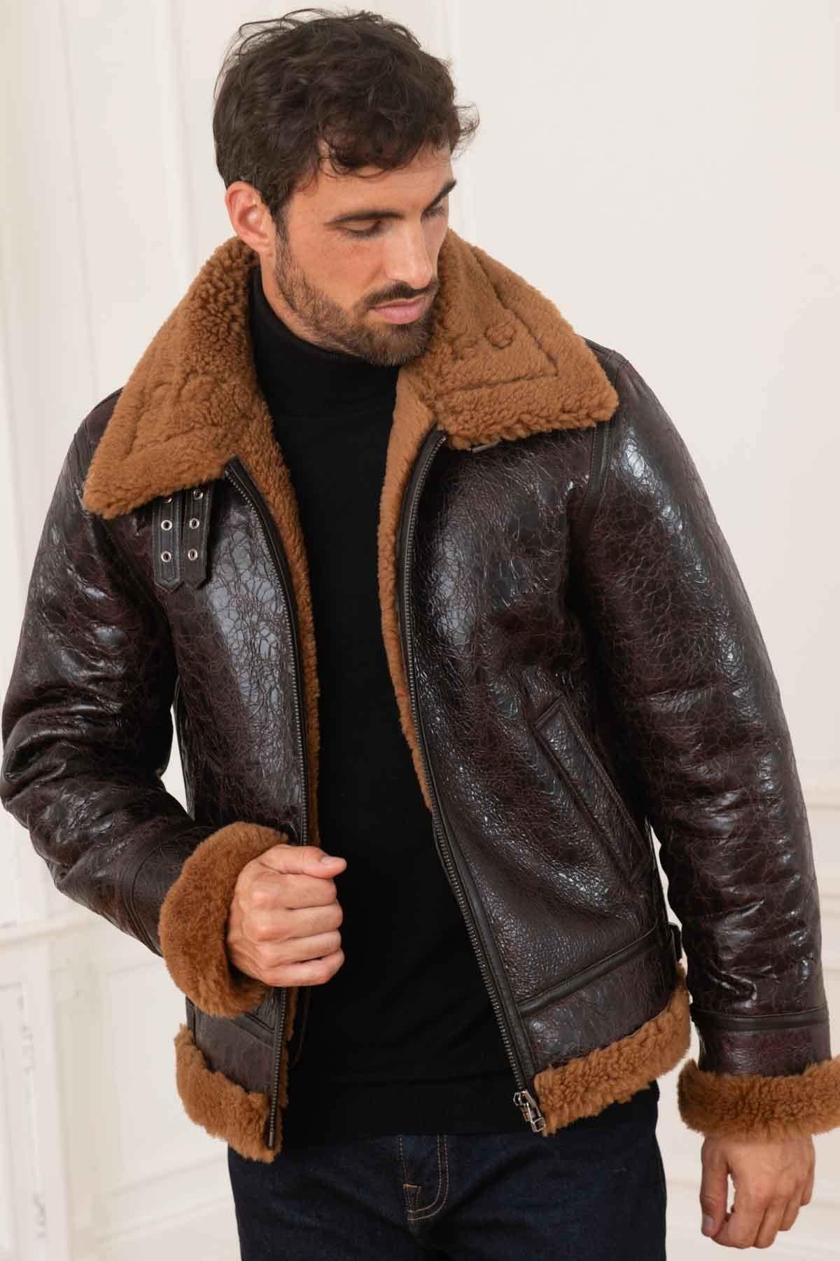 Men's dark brown leather bomber jacket - Image n°1