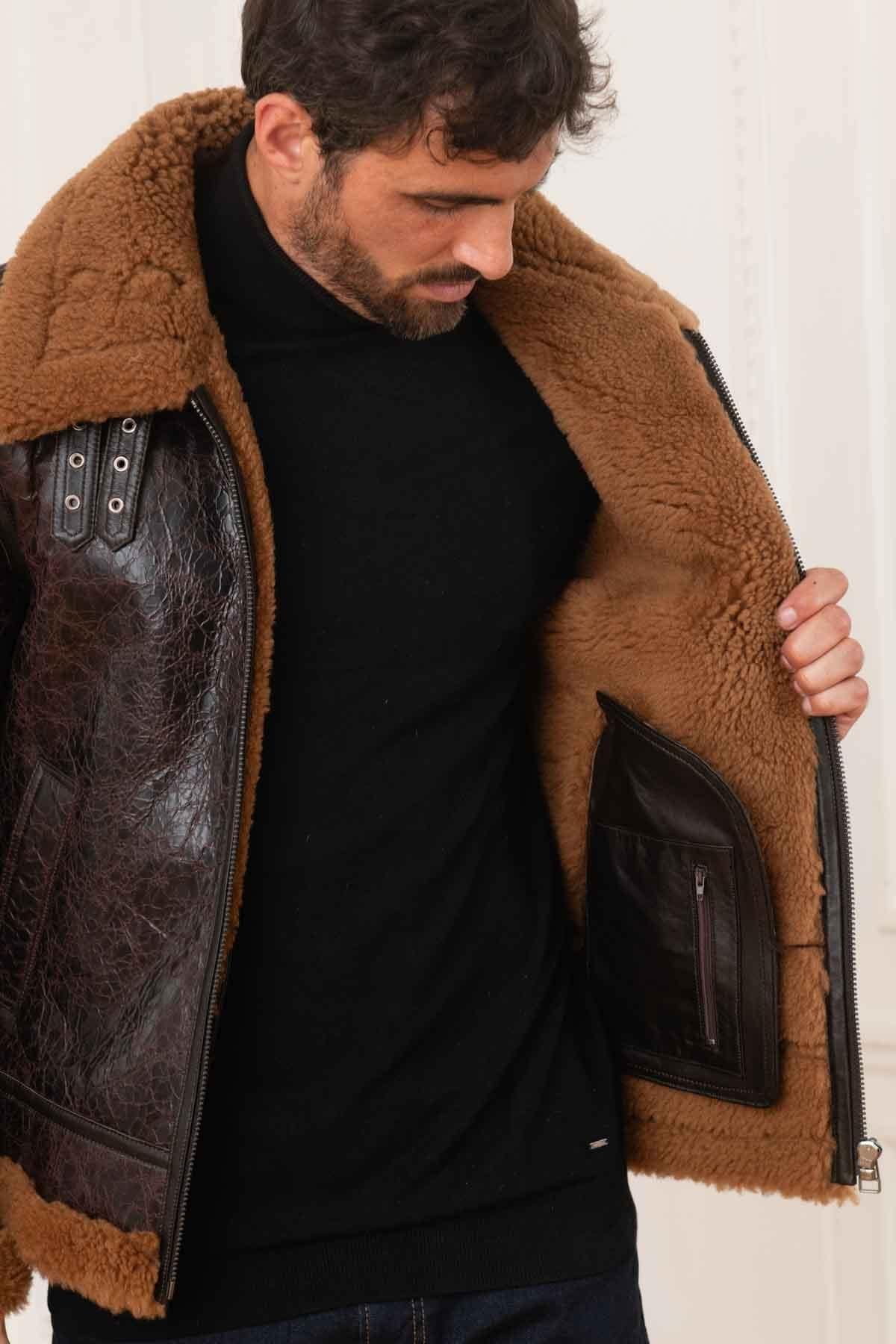 Men's dark brown leather bomber jacket - Image n°5