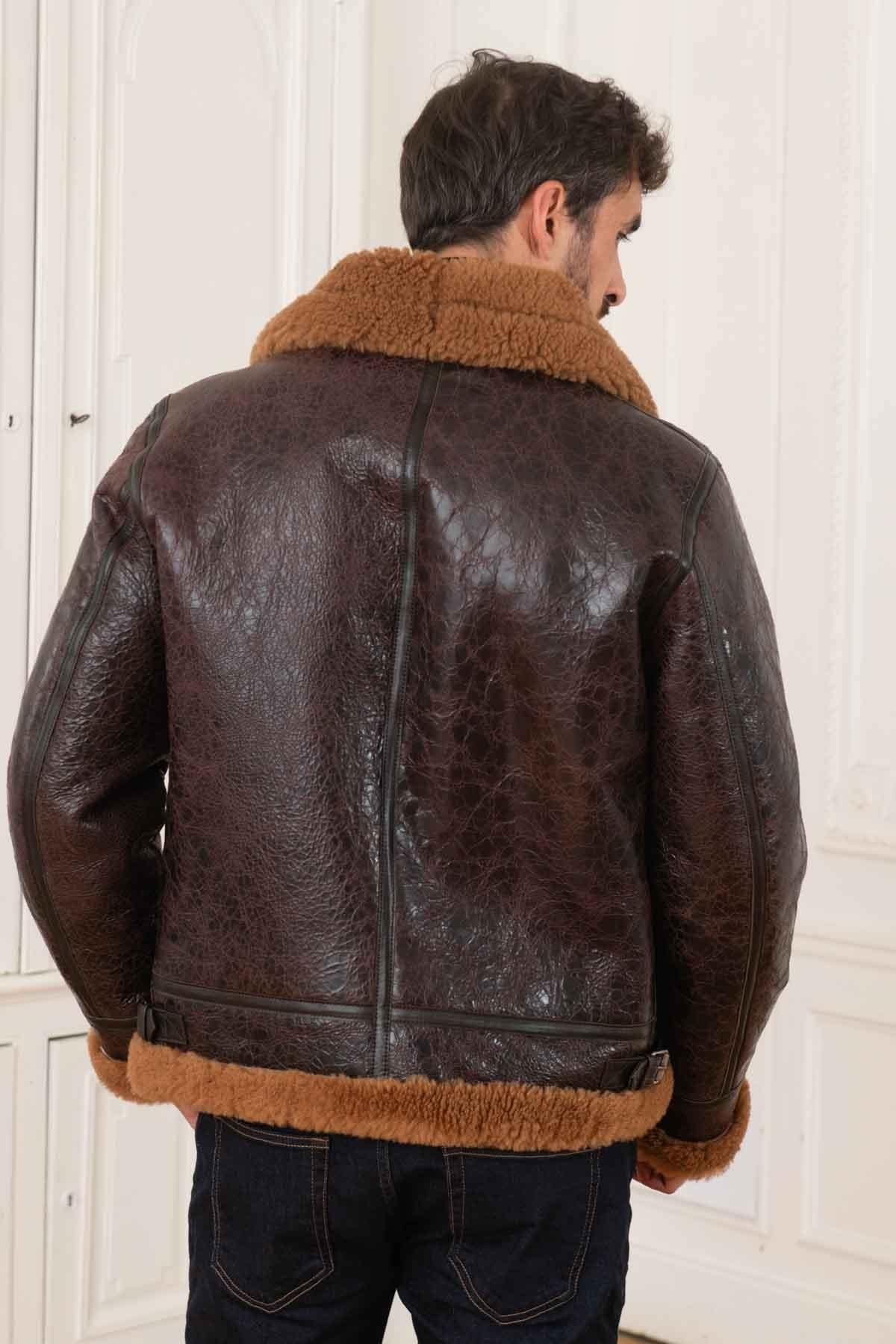 Men's dark brown leather bomber jacket - Image n°6