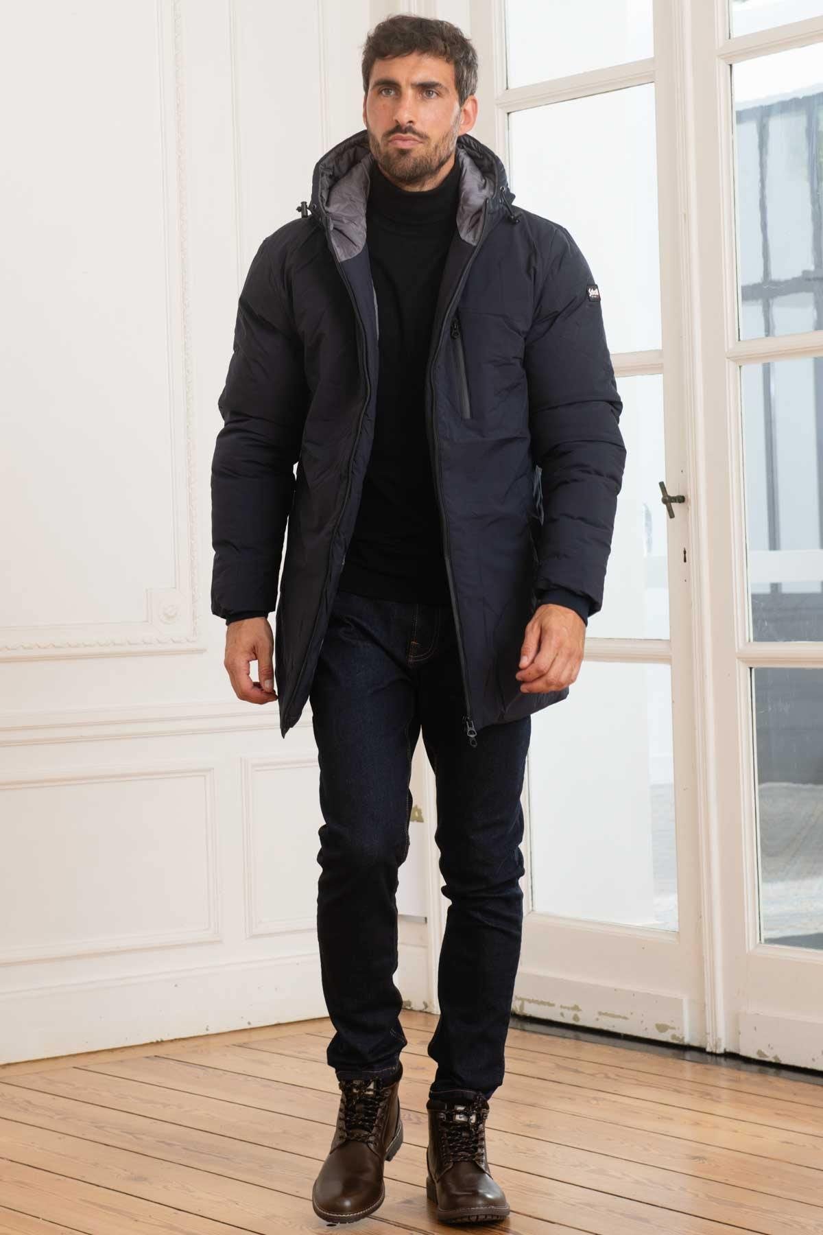 Textile parka with navy blue hood for men - Image n°2