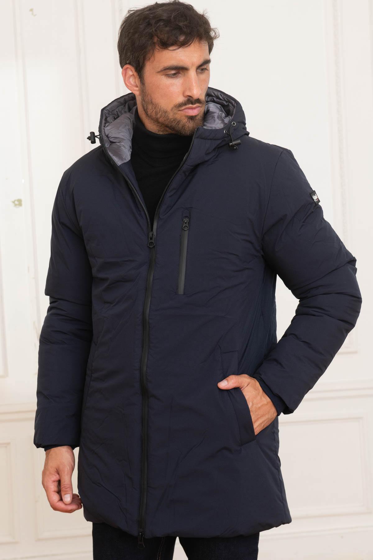 Textile parka with navy blue hood for men - Image n°1