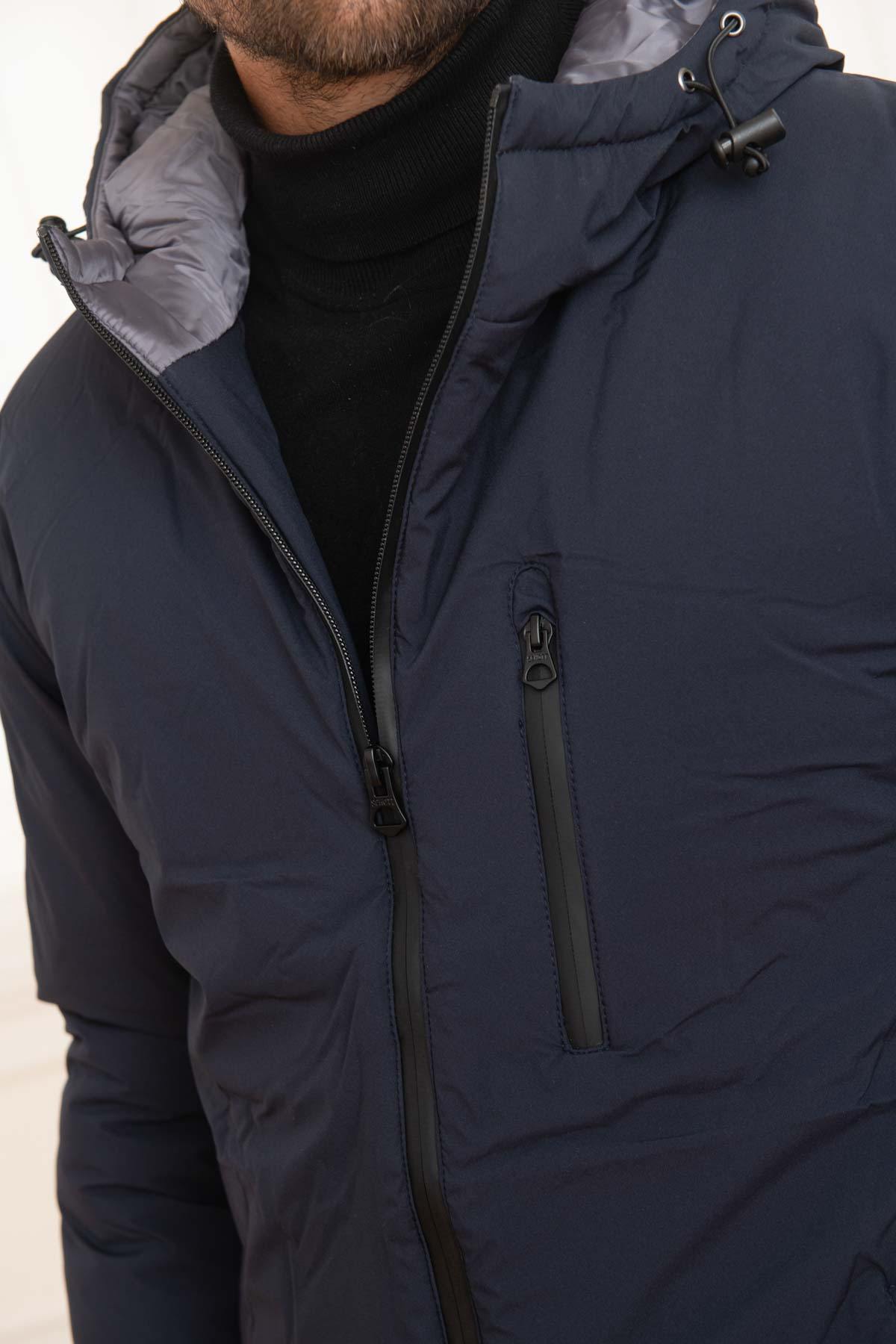 Textile parka with navy blue hood for men - Image n°3