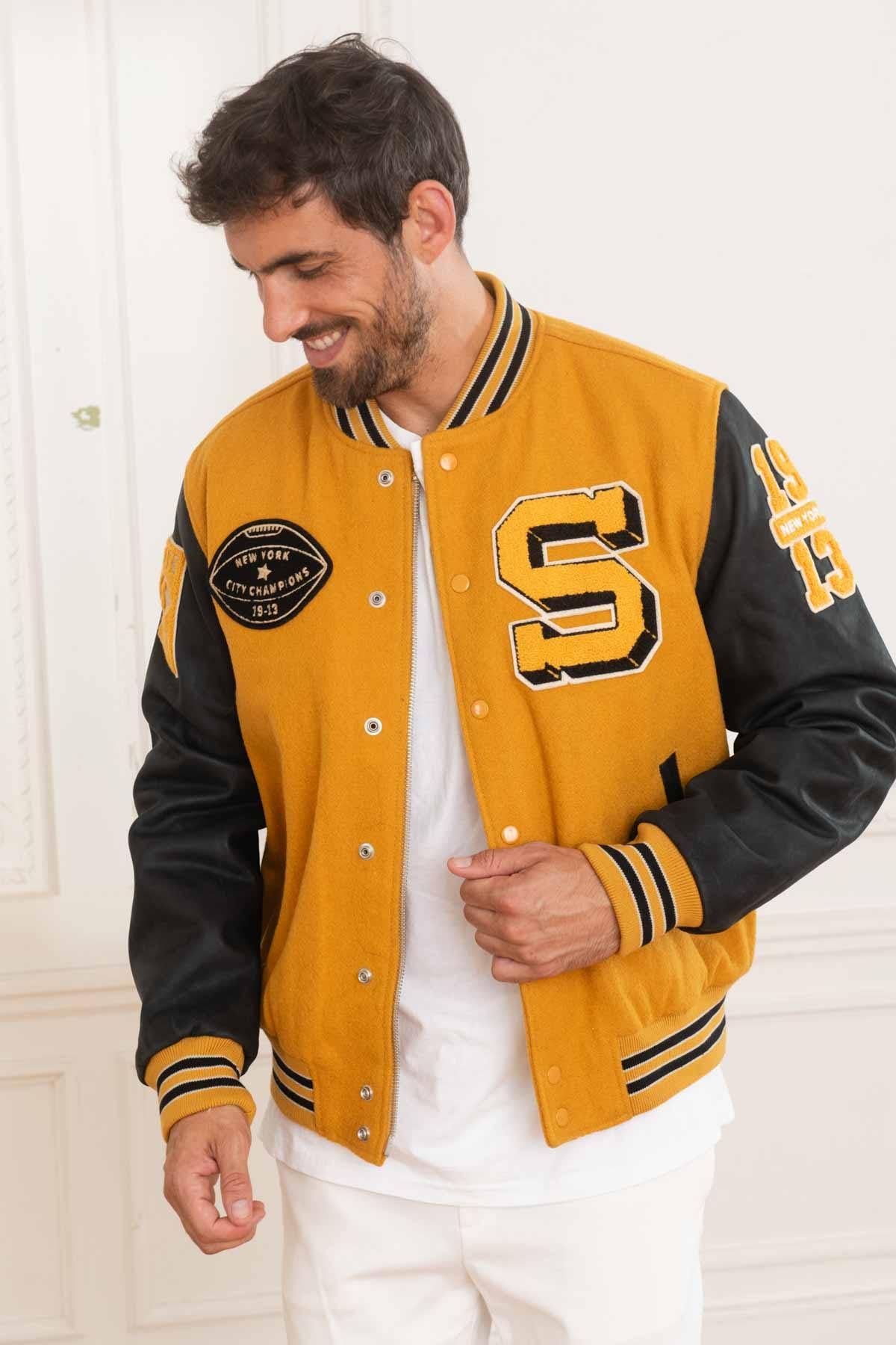 Yellow and black varsity teddy jacket - Image n°1