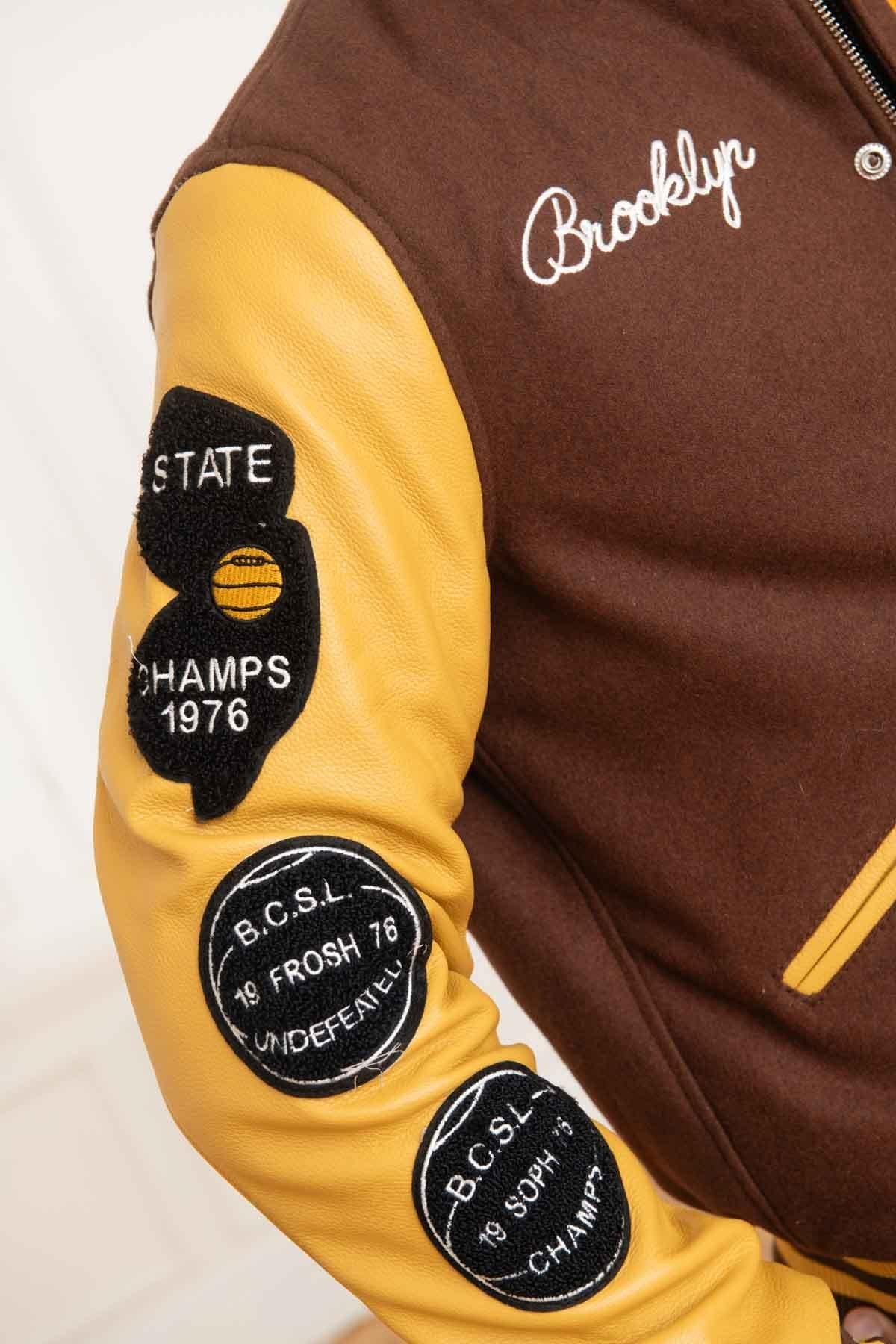 Varsity jacket in brown and yellow leather and wool - Image n°6